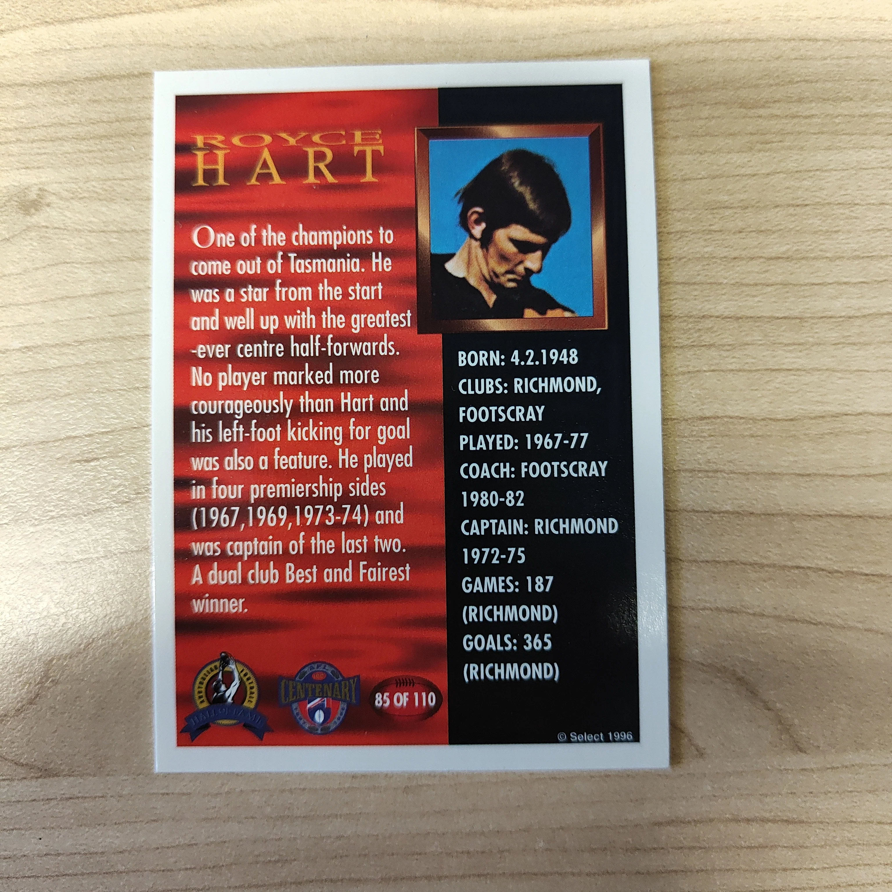 1996 Select AFL Centenary Hall of Fame Royce Hart Hand Signed Card Richmond - Image 2