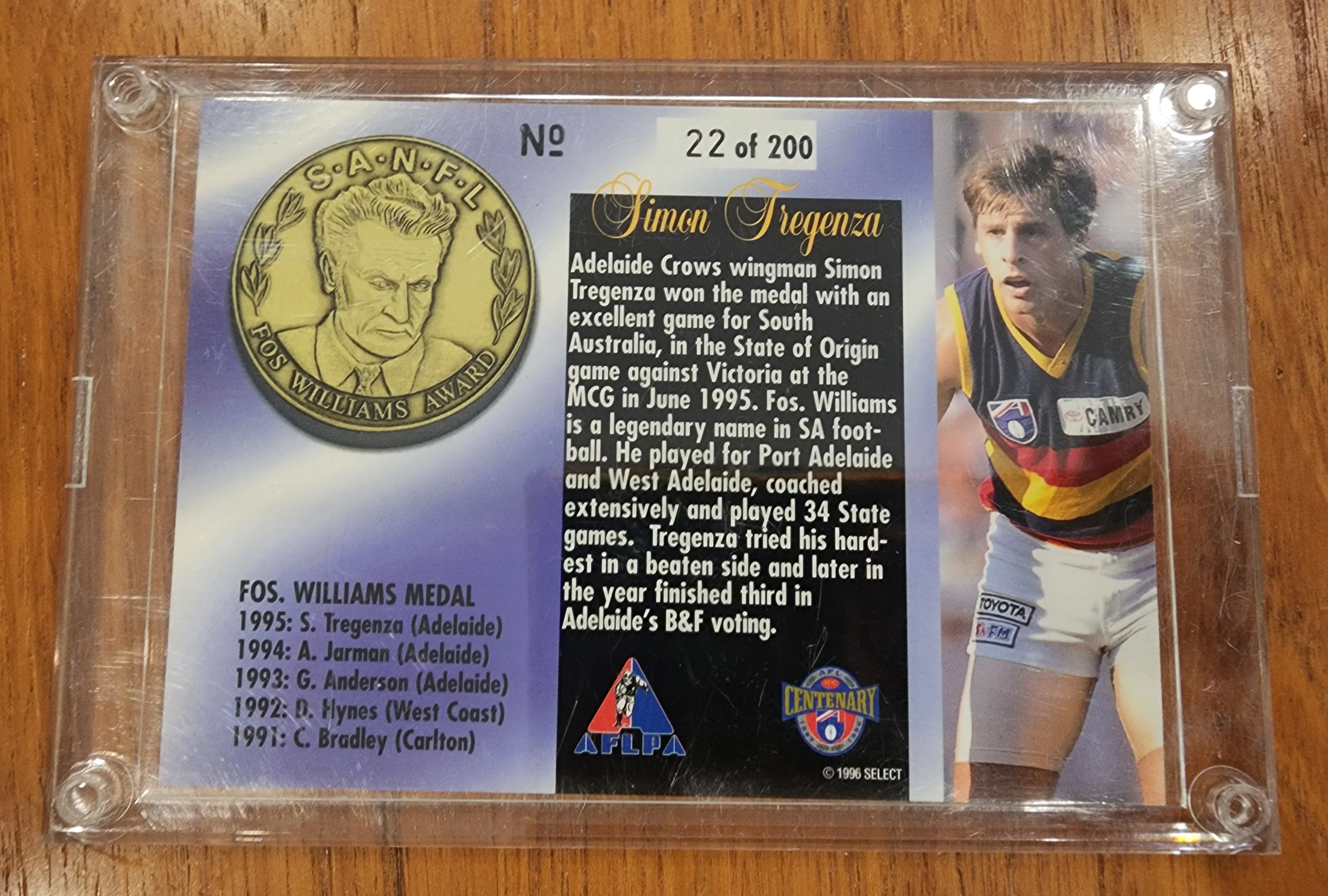 1996 Select AFL Series 1 SIMON TREGENZA Medal Card - Fos Williams Medallist MC5 22/200 - Image 2