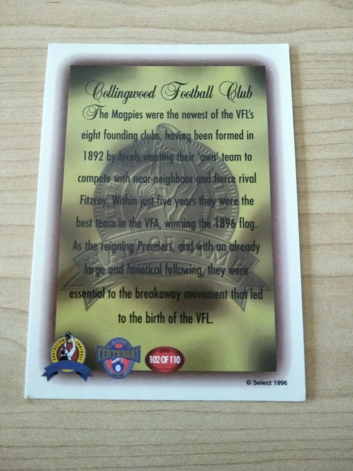 1996 Select Hall Of Fame Collingwood Logo Card 102/110 - Image 2