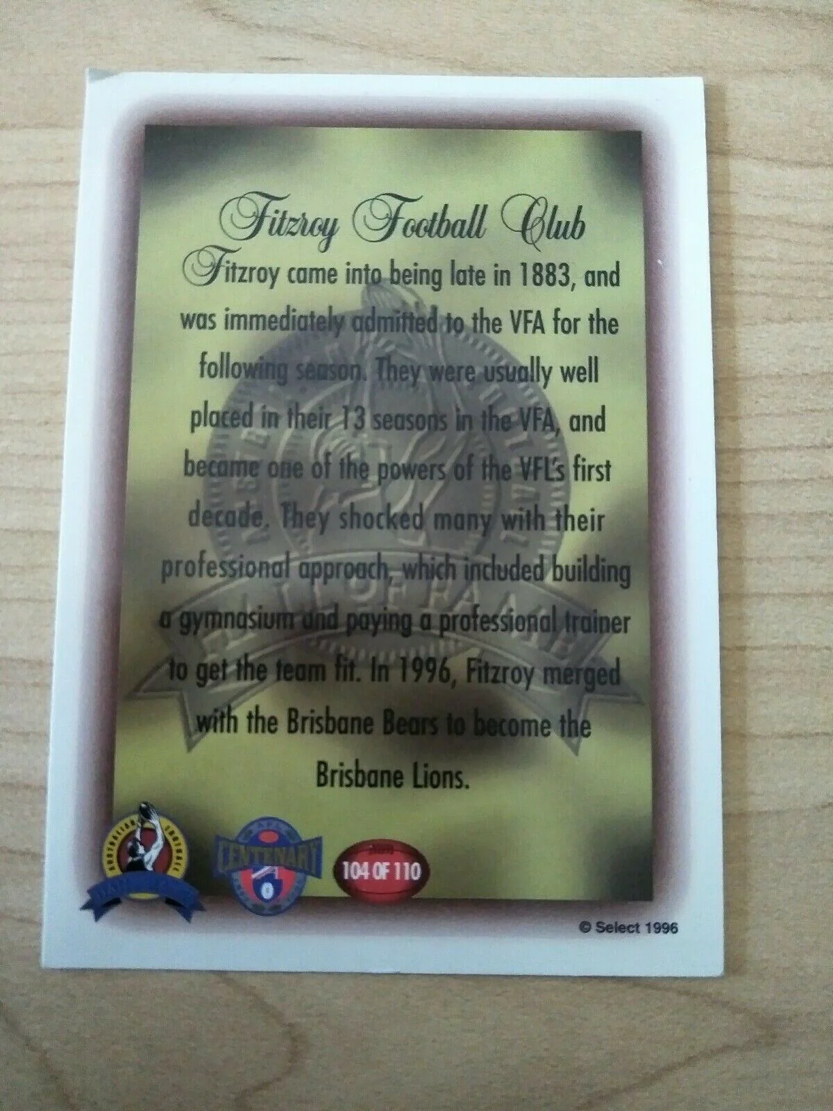 1996 Select Hall Of Fame Fitzroy/Brisbane Logo Card 104/110 - Image 2