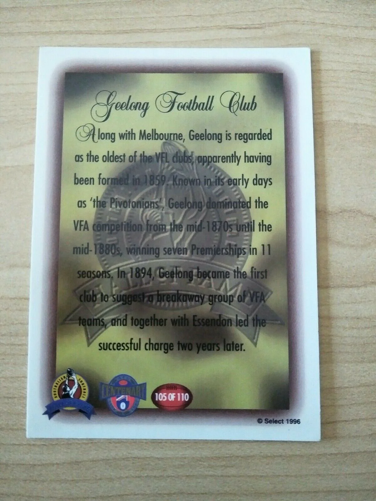 1996 Select Hall Of Fame Geelong Logo Card 105/110 - Image 2