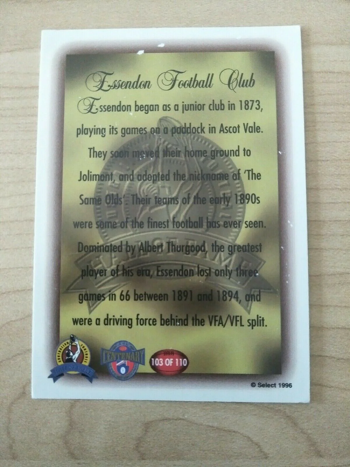 1996 Select Hall Of Fame Inaugural Teams Card Essendon Football Club - Image 2