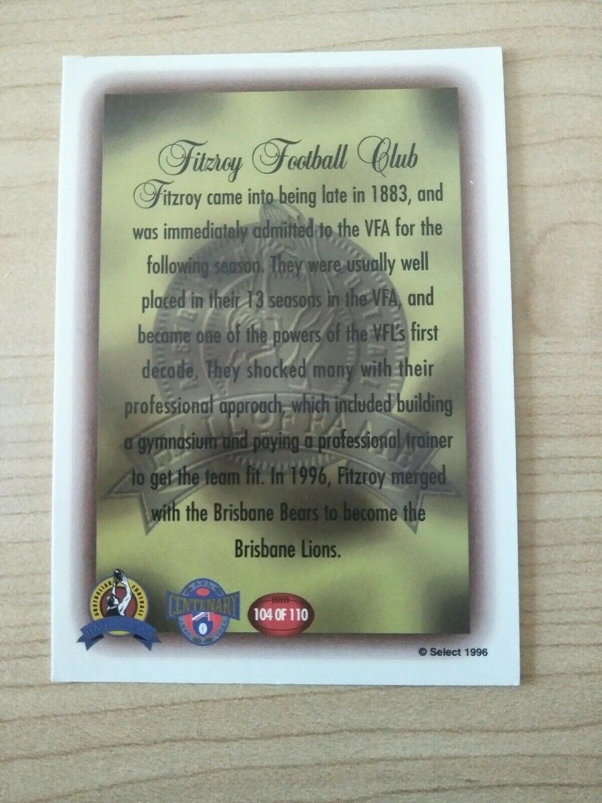 1996 Select Hall Of Fame Inaugural Teams Card Fitzroy Football Club - Image 2