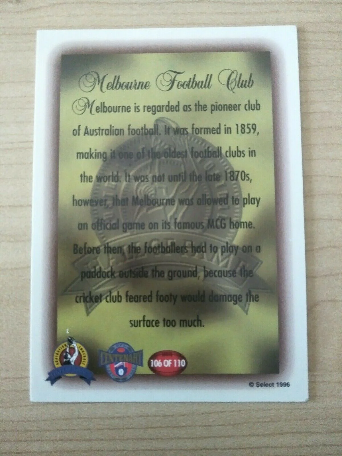 1996 Select Hall Of Fame Inaugural Teams Card Melbourne Football Club - Image 2
