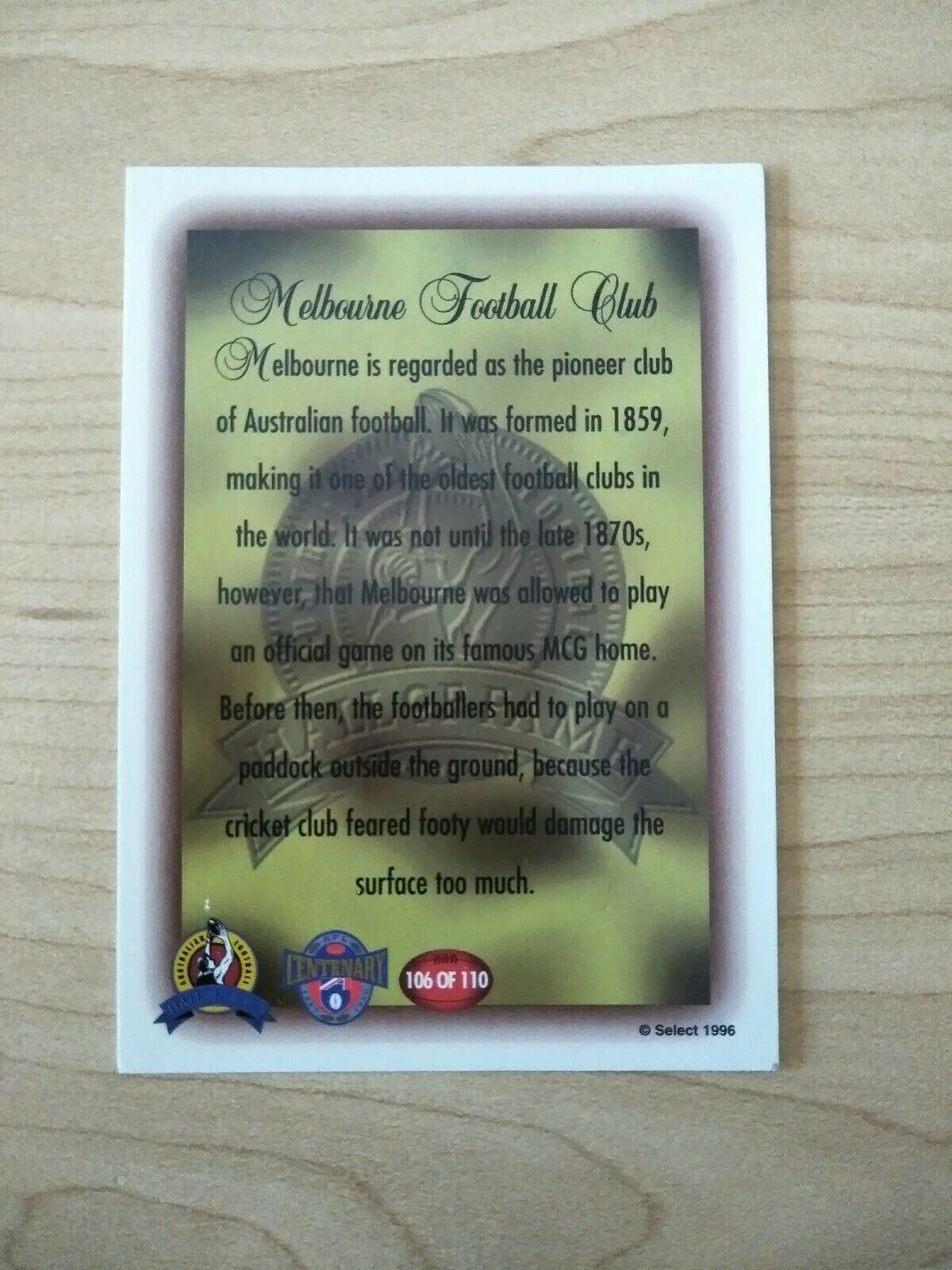 1996 Select Hall Of Fame Melbourne Logo Card 106/110 - Image 2