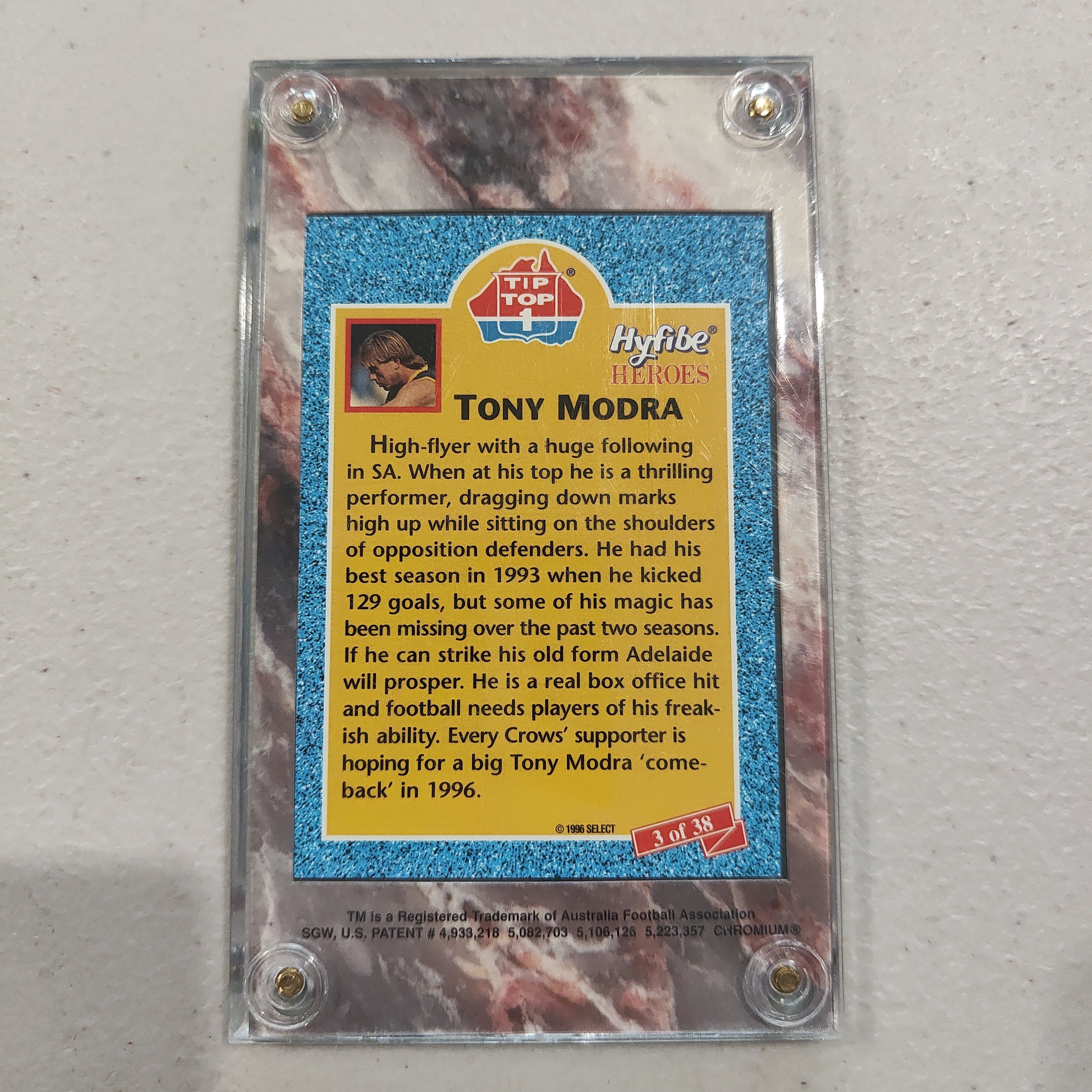 1996 Select Tip Top Hyfibe Heroes Signature Card Tony Modra Adelaide - Image 2