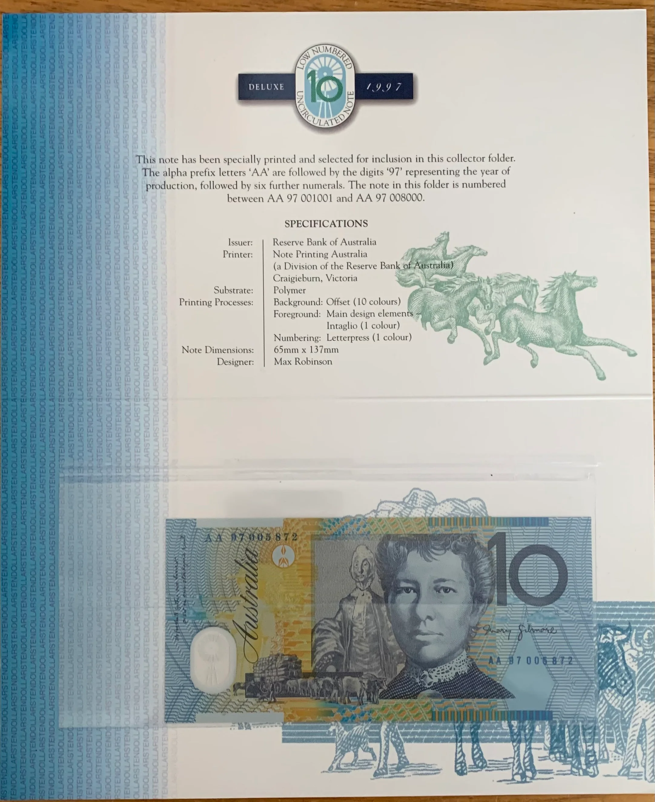 Australia 1997 $10 & $20 Deluxe Banknote Folders Matching Serial Numbers