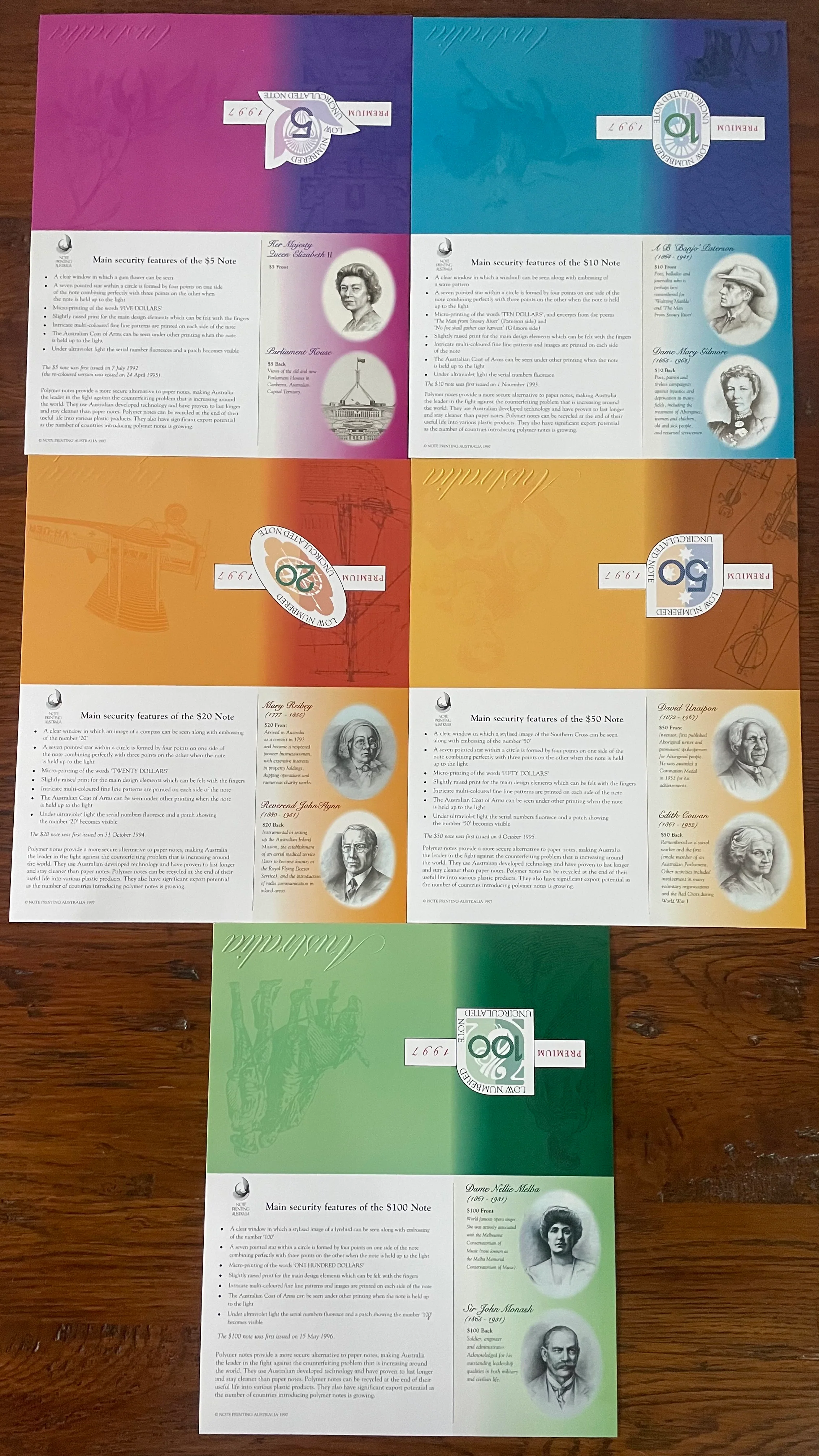 Australia 1997 $5, $10, $20, $50, $100 Banknote Premium Folders with Matching Red Serial Numbers - Image 2