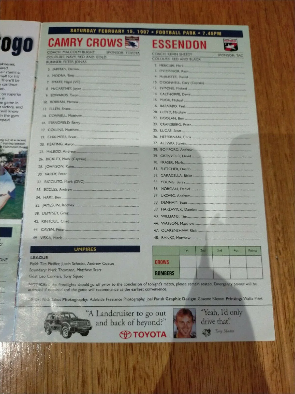 1997 Feb 15 Camry Crows v Essendon Souvenir Football Record - Image 3