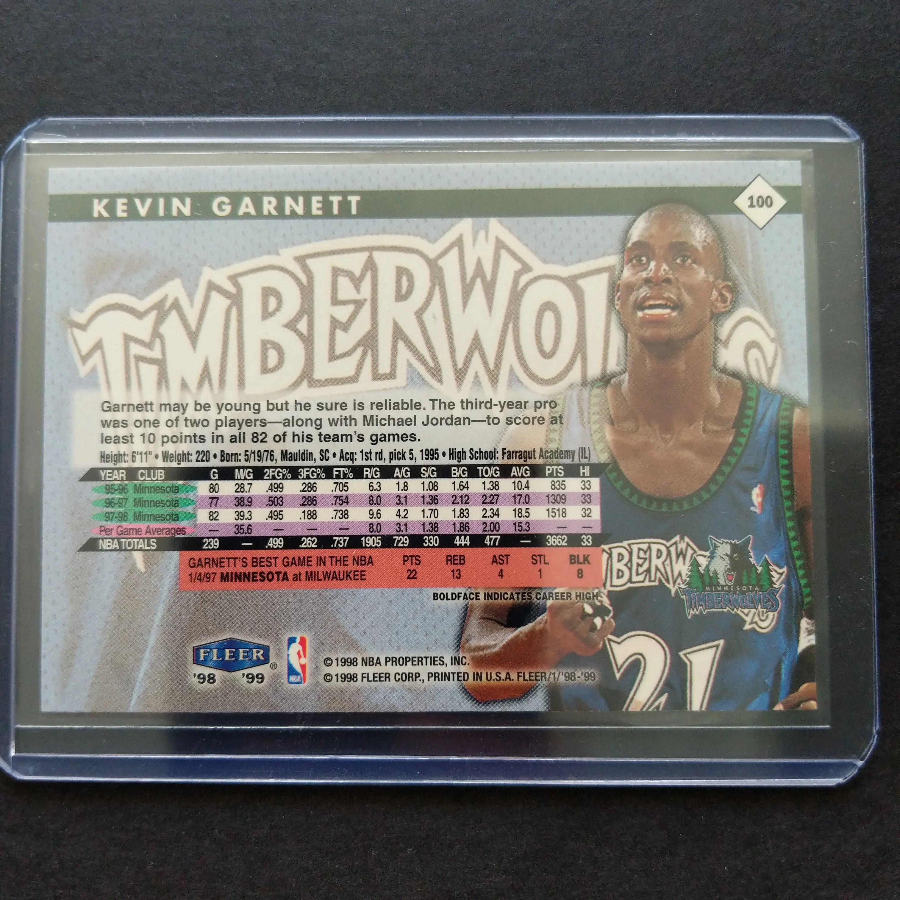1998-99 Fleer Tradition Kevin Garnett NBA Basketball Card - Image 2