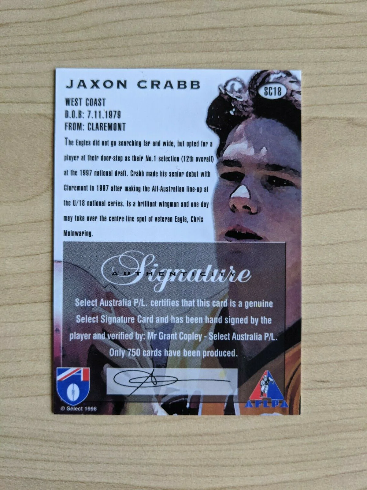 1998 AFL Select Draft Pick Signature SC18 Jaxon CRABB West Coast Eagles - Image 2
