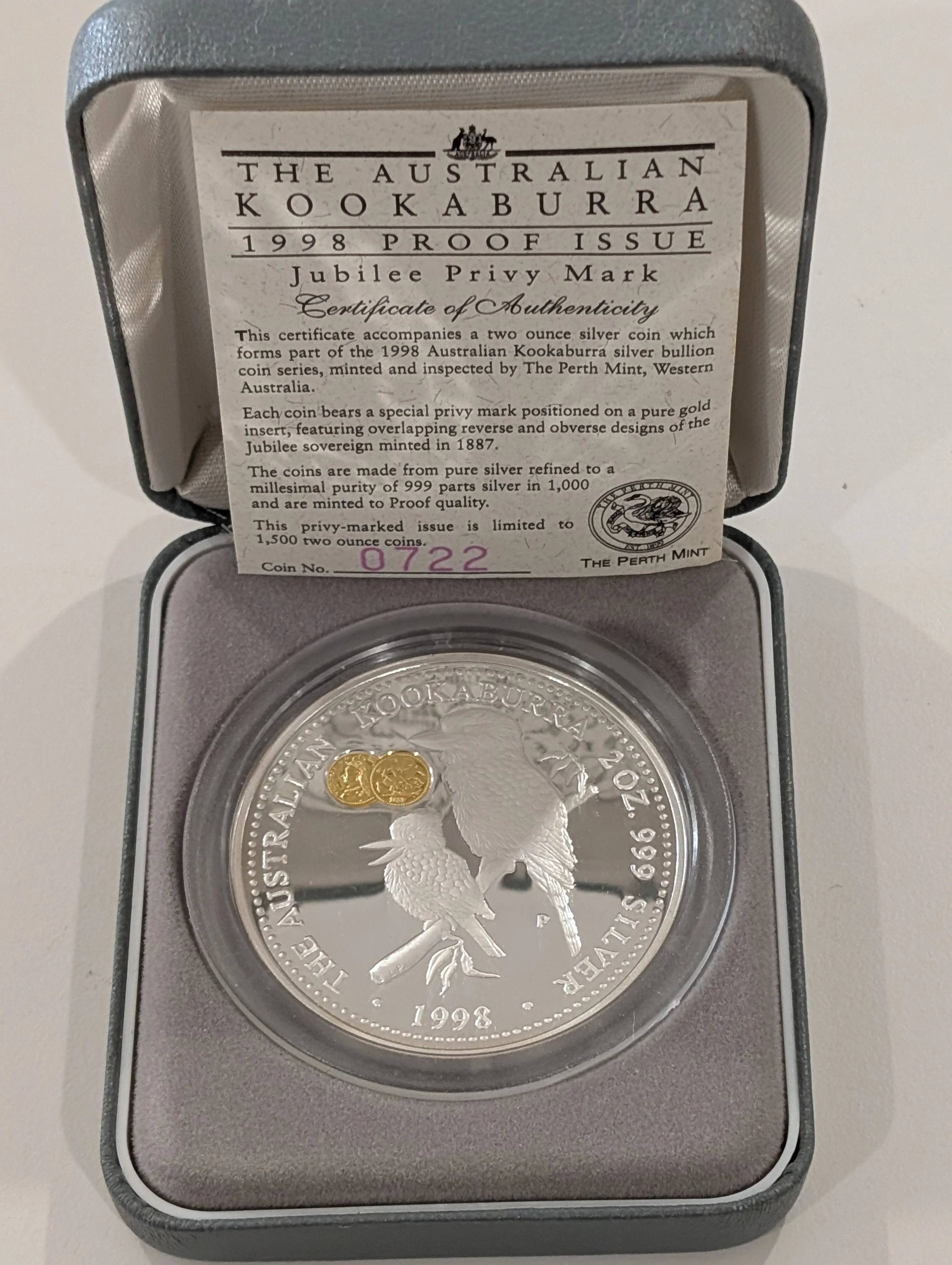 Australia 1998 Perth Mint Jubilee Privy Mark Kookaburra 2oz .999 Silver Proof Coin