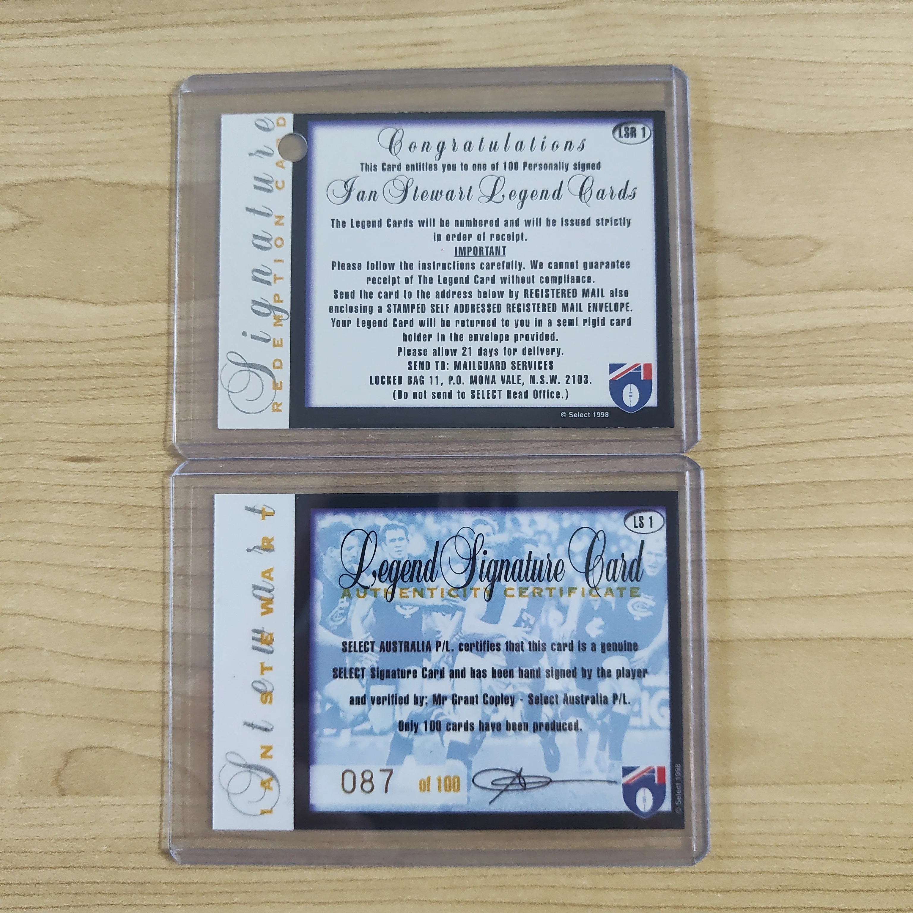 1998 Select Legend Signature Redemption Card Ian Stewart St Kilda No.087/100 - Image 2
