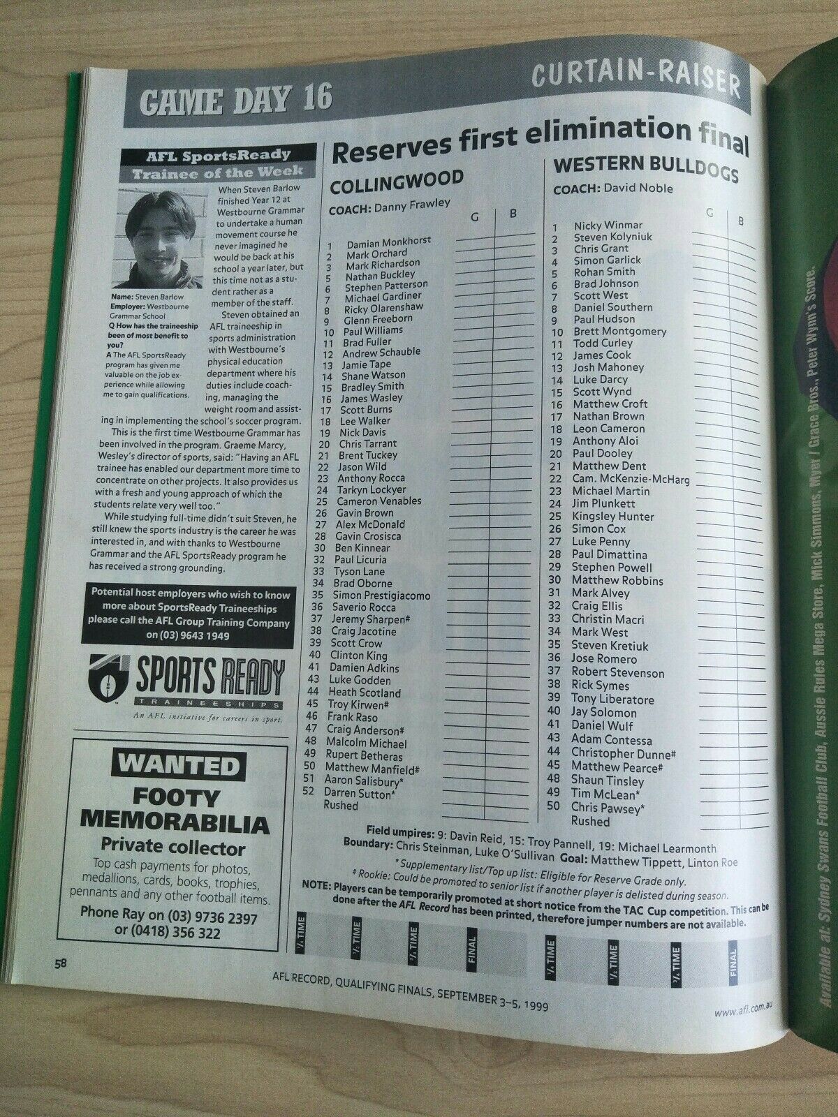 1999 First Qualifying Final AFL Football Record Western Bulldogs v West Coast - Image 3