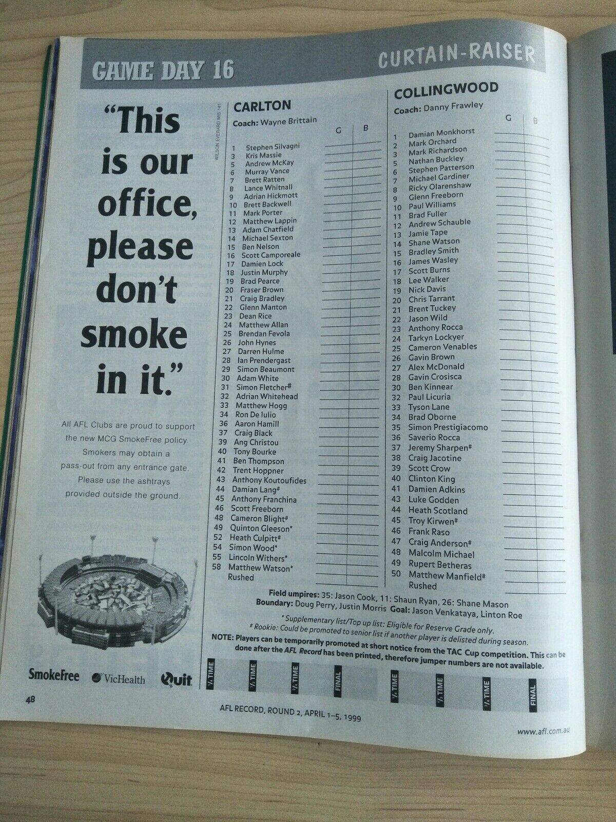 1999 Round 2 AFL Football Record Carlton v Collingwood - Image 3