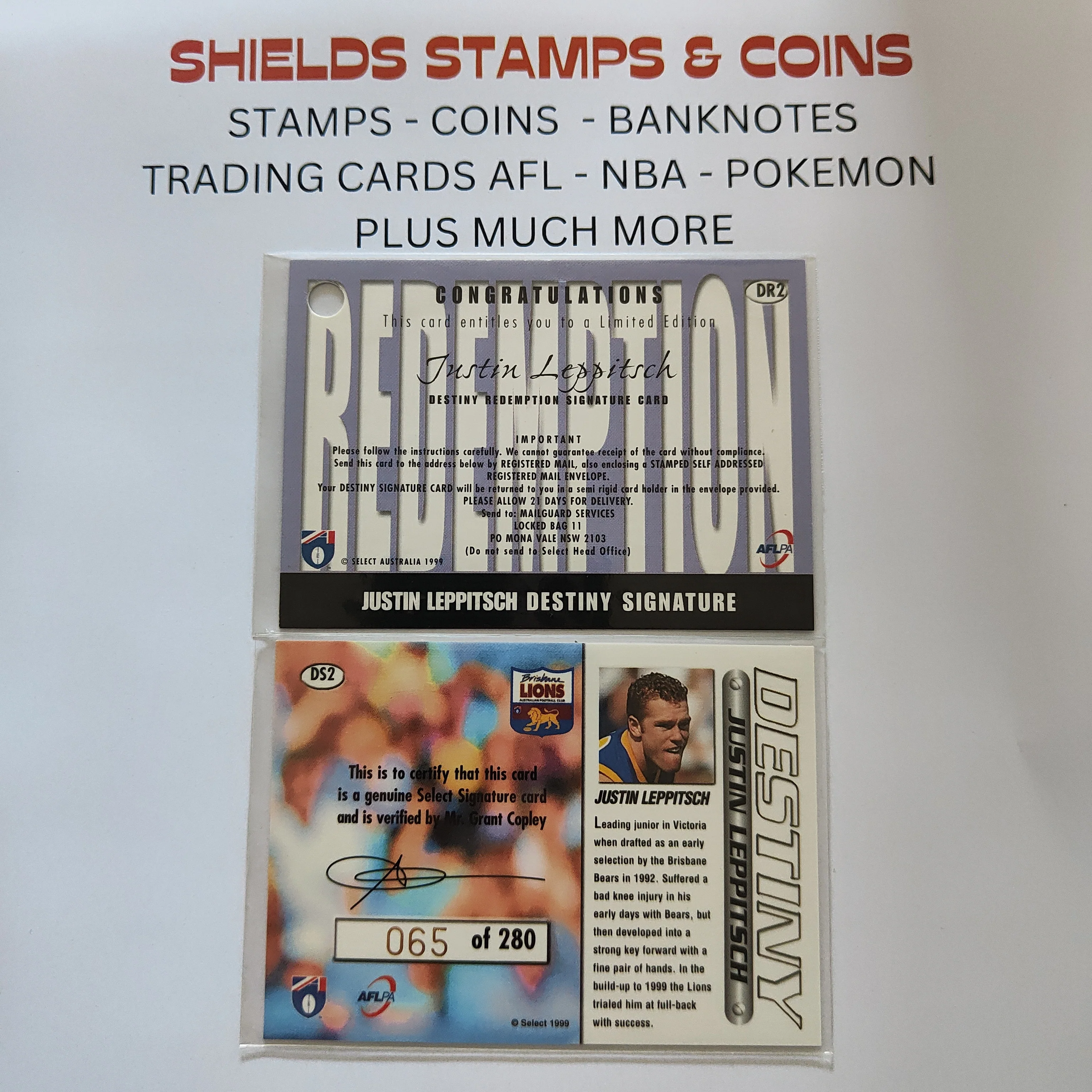 1999 Select Destiny Signature Redemption Justin Leppitsch Brisbane No.065/280 - Image 2