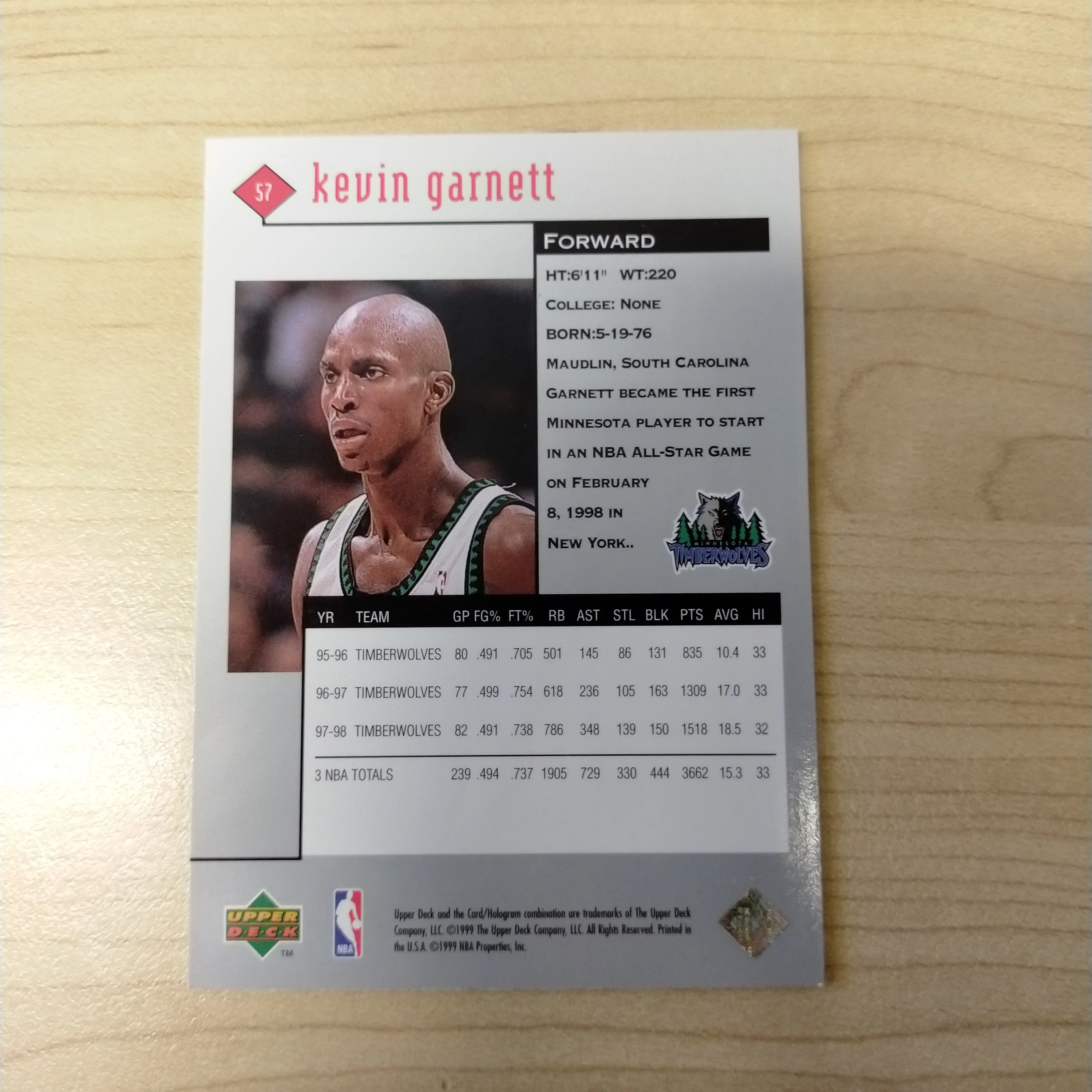 1999 Upper Deck Black Diamond Kevin Garnett Timberwolves NBA Basketball Card - Image 2