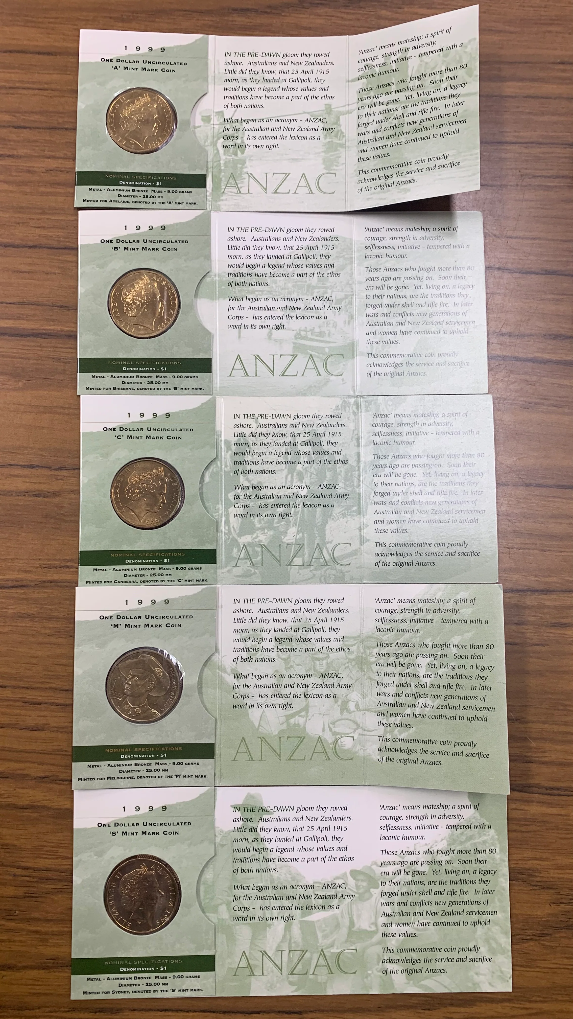 Australia 1999 Royal Australian Mint $1 The Last Azacs Uncirculated Coins A, B, C, M & S mintmarks in RAM folders