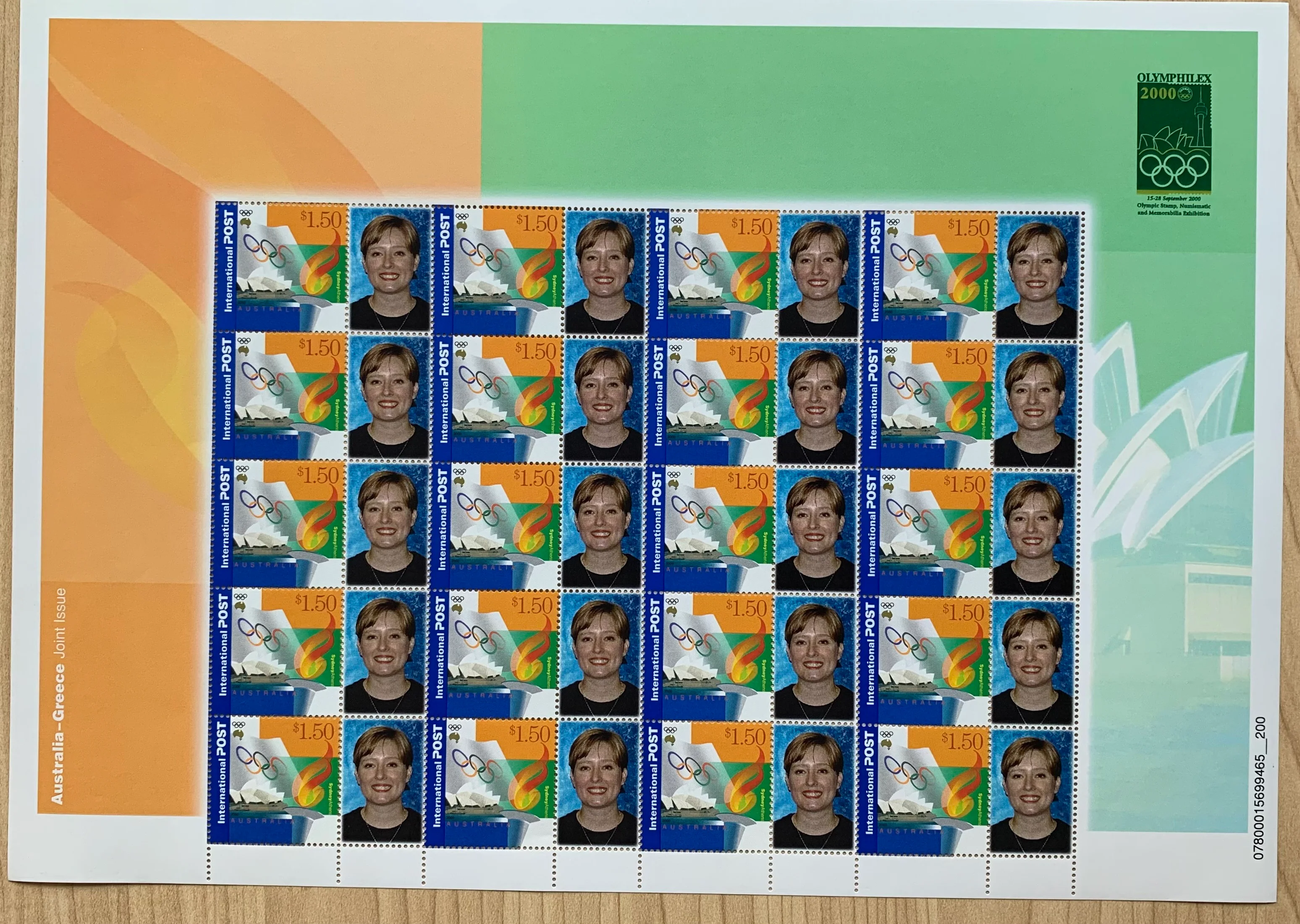 Australia Greece Joint issue $1.50 Sydney Athens Olympics personalised SES stamp sheet from Olymphilex 2000.  Limited edition