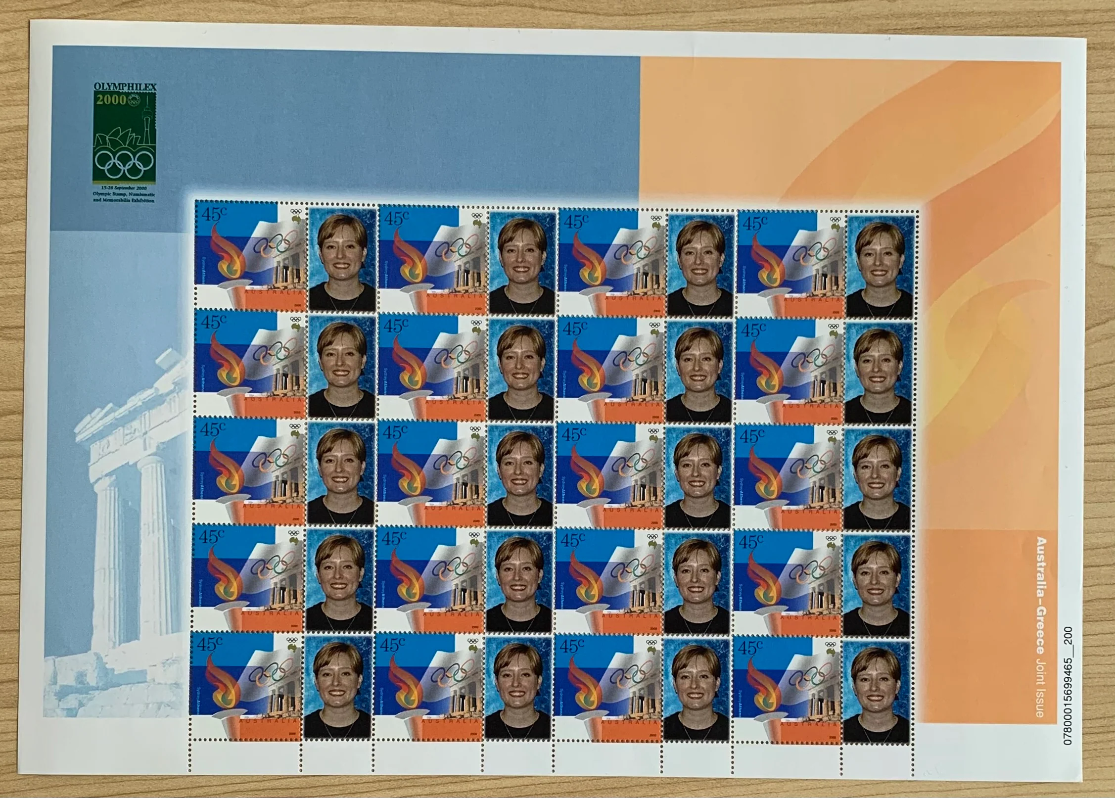 Australia Greece Joint issue 2000 45c Sydney Athens Olympics personalised SES stamp sheet from Olymphilex 2000.  Limited edition