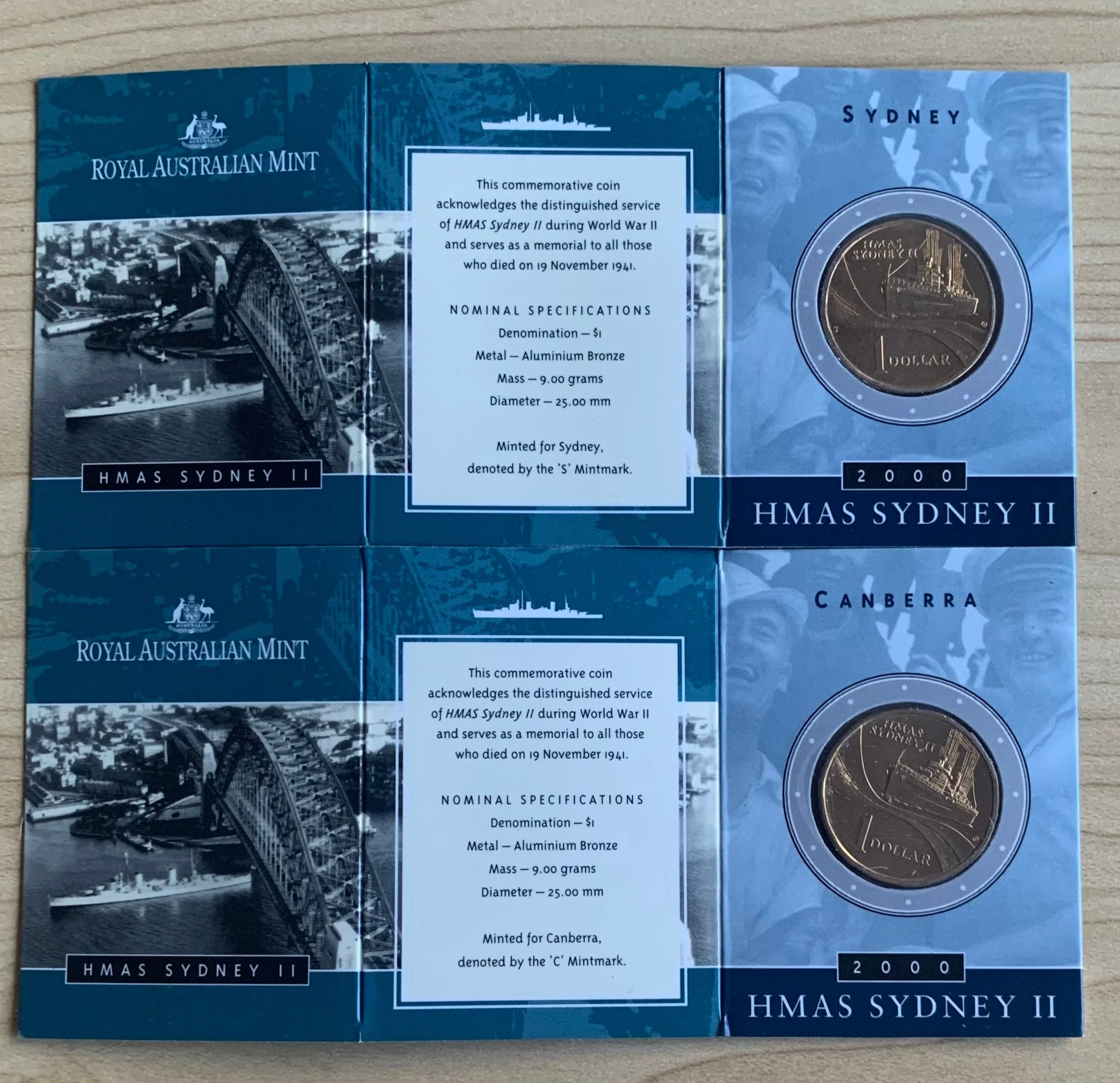 Australia 2000 Royal Australian Mint $1 HMAS Sydney Uncirculated Coins C & S mintmarks in RAM folders - Image 2