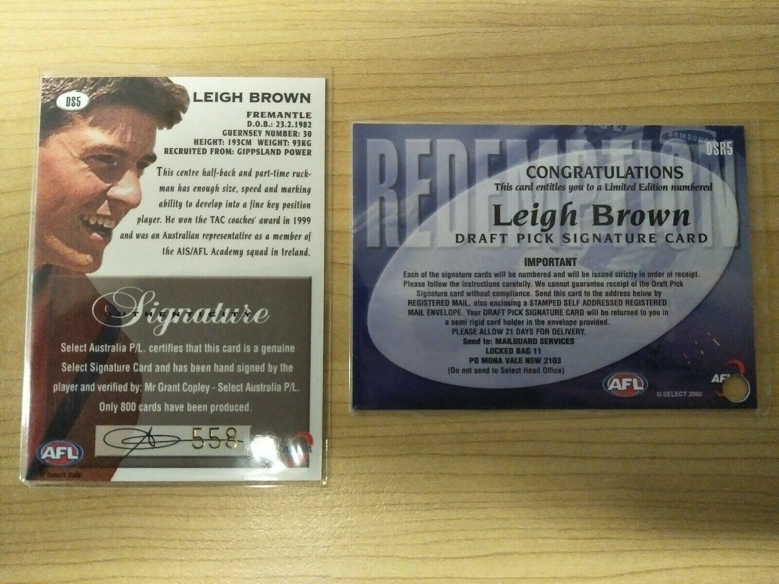 2000 Select AFL Millenium Draft Pick Signature Card + Redemption Leigh Brown - Image 2