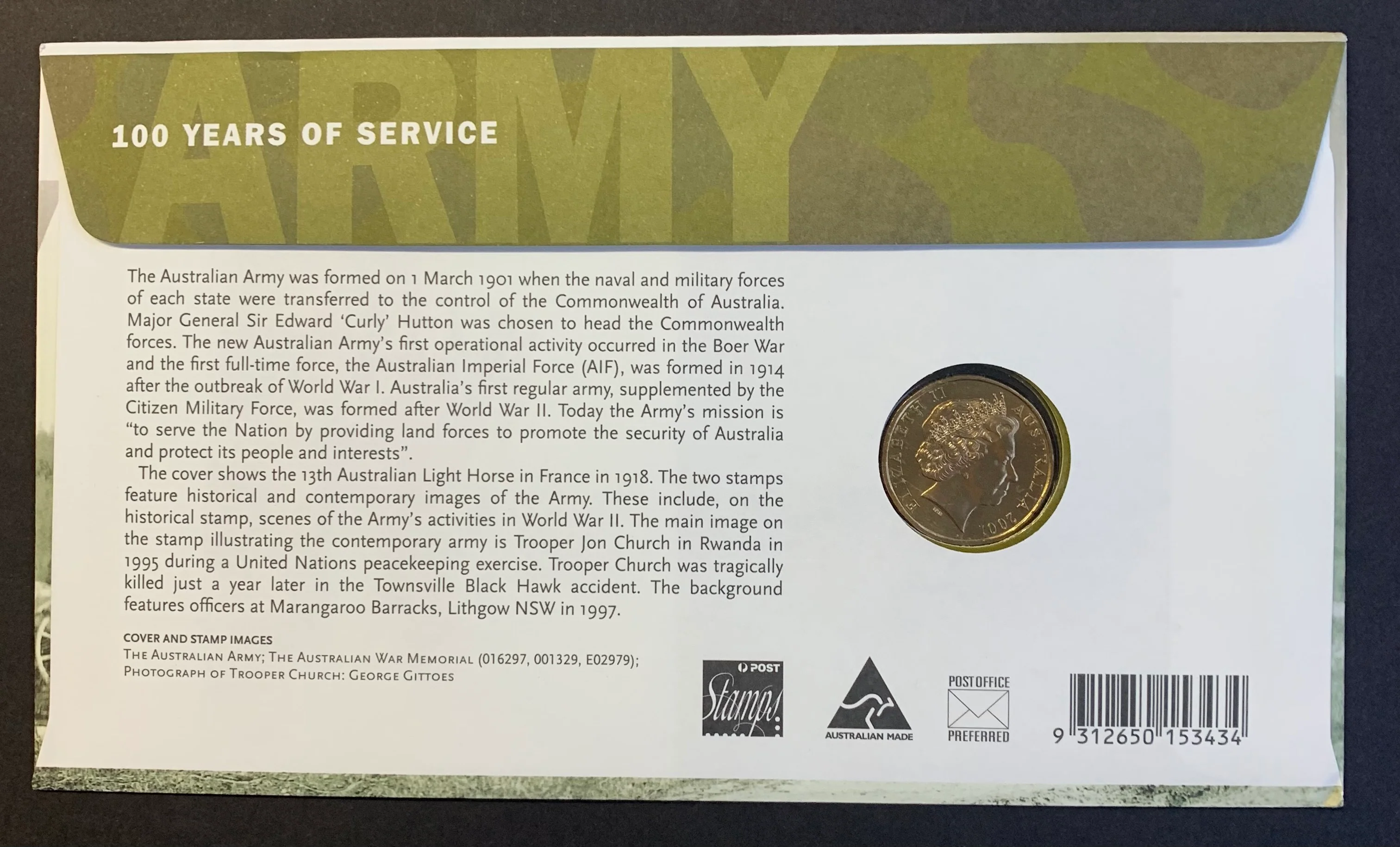 2001 Australia $1 Army 100 Years of Service PNC First Day Of Issue - Image 2