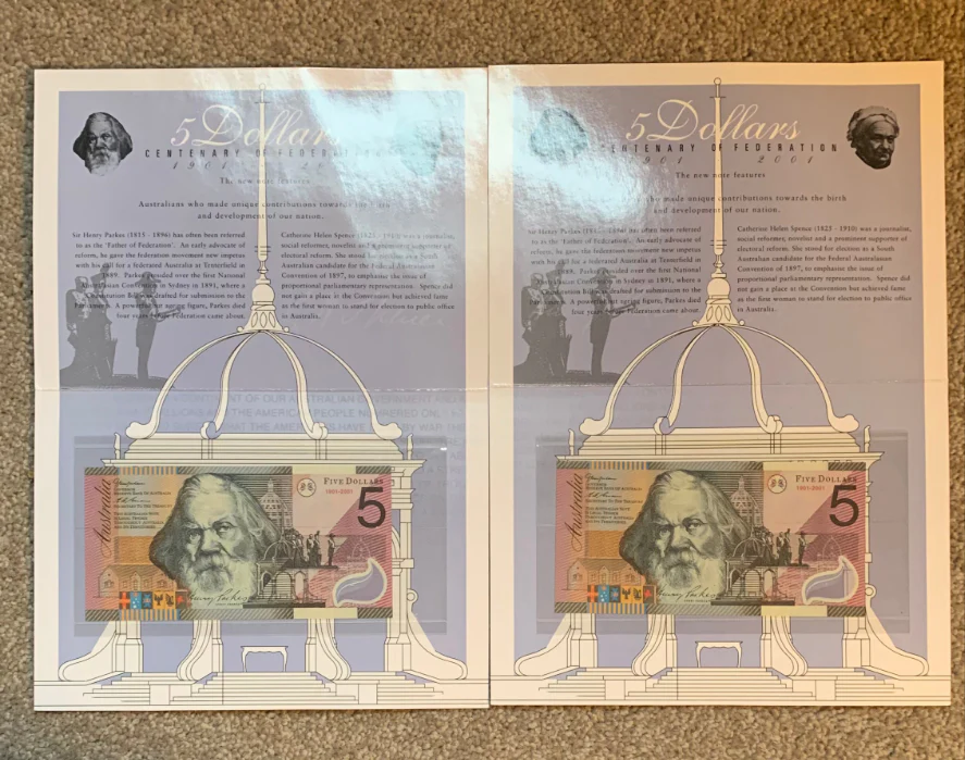 Australia 2001 Federation $5 Polymer Uncirculated Banknote Folders Consecutive Pair.
