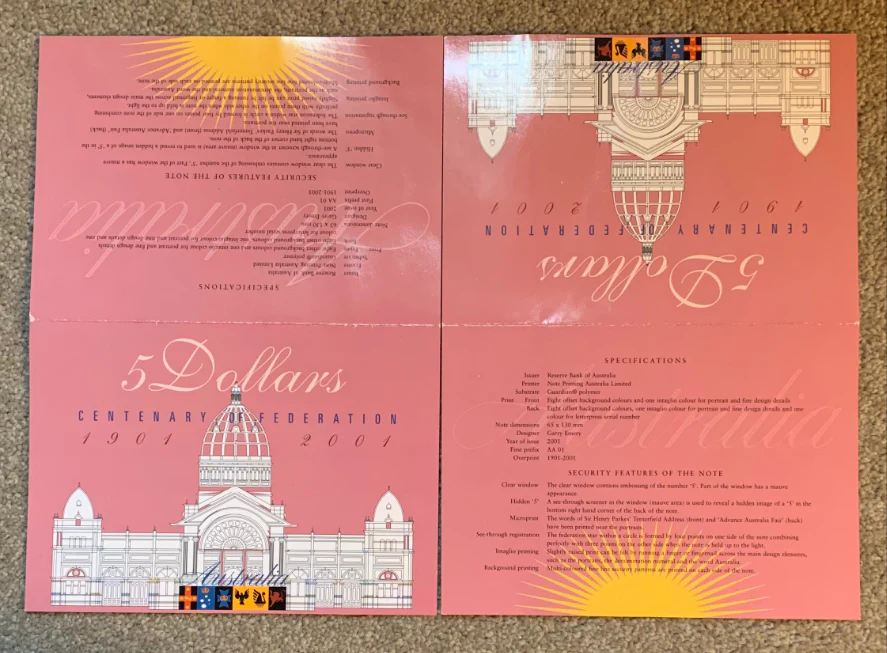 Australia 2001 Federation $5 Polymer Uncirculated Banknote Folders Consecutive Pair. - Image 2