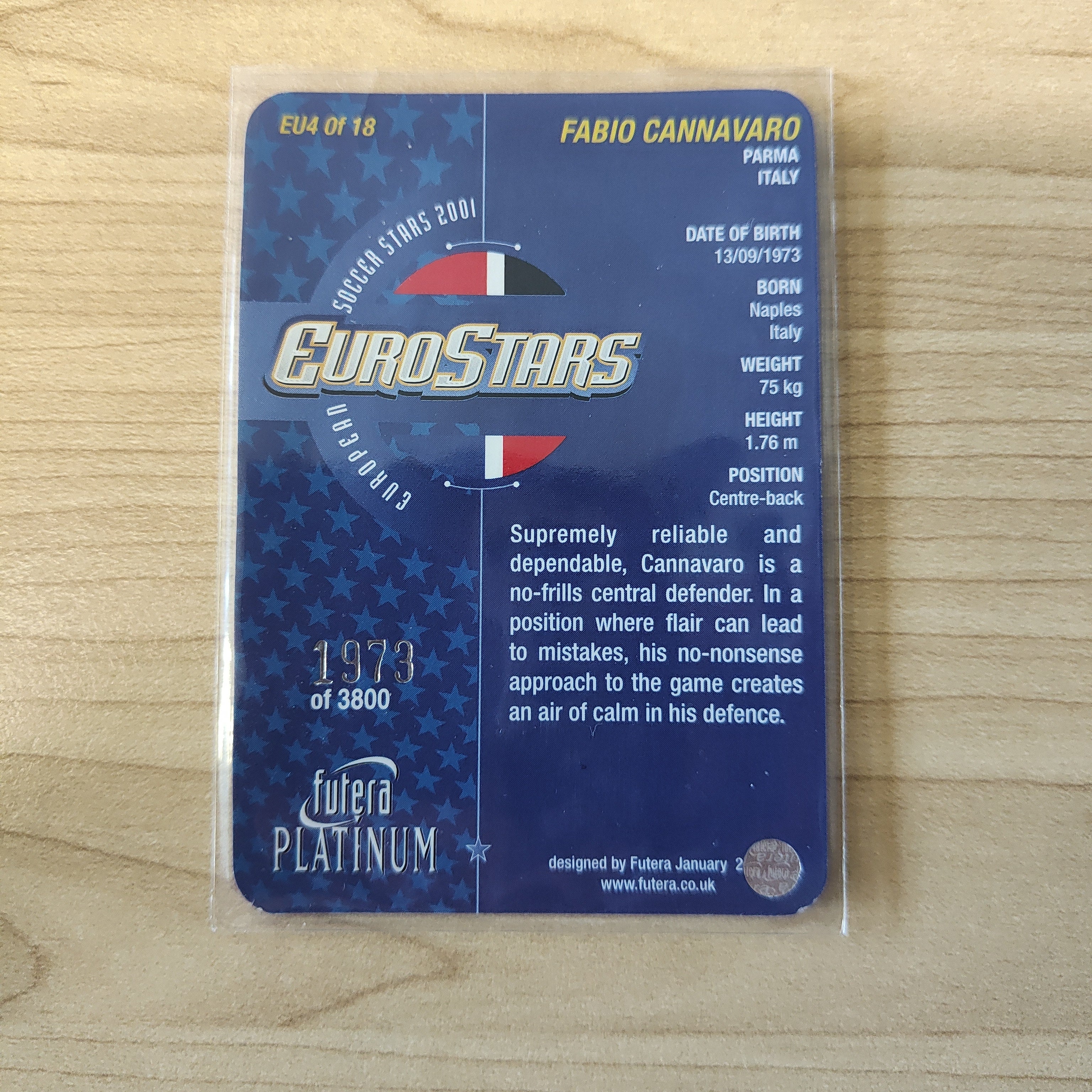 2001 Futera Platinum Euro Stars Fabio Cannavaro Italy Soccer Card - Image 2