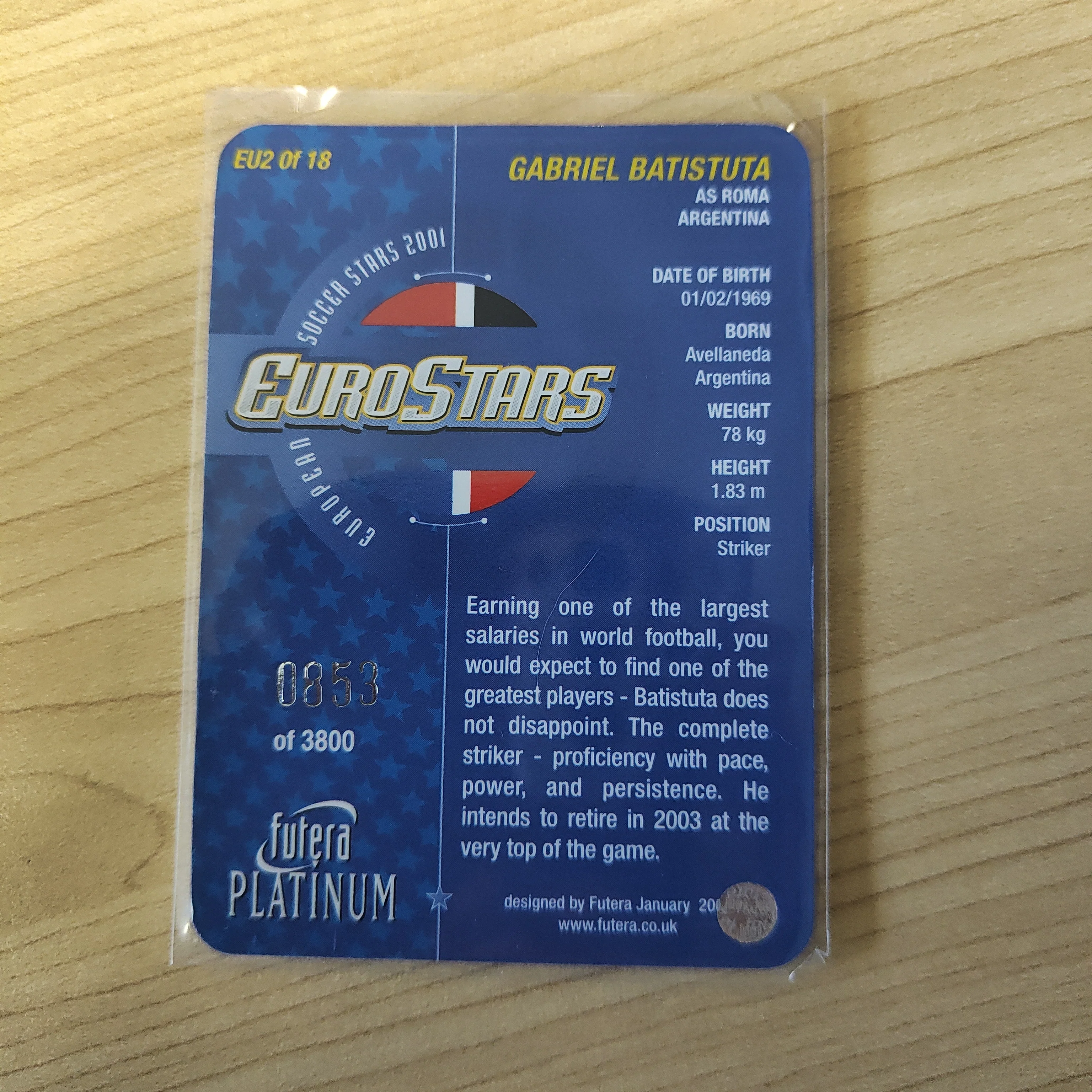 2001 Futera Platinum Euro Stars Gabriel Batistuta Argentina Soccer Card - Image 2