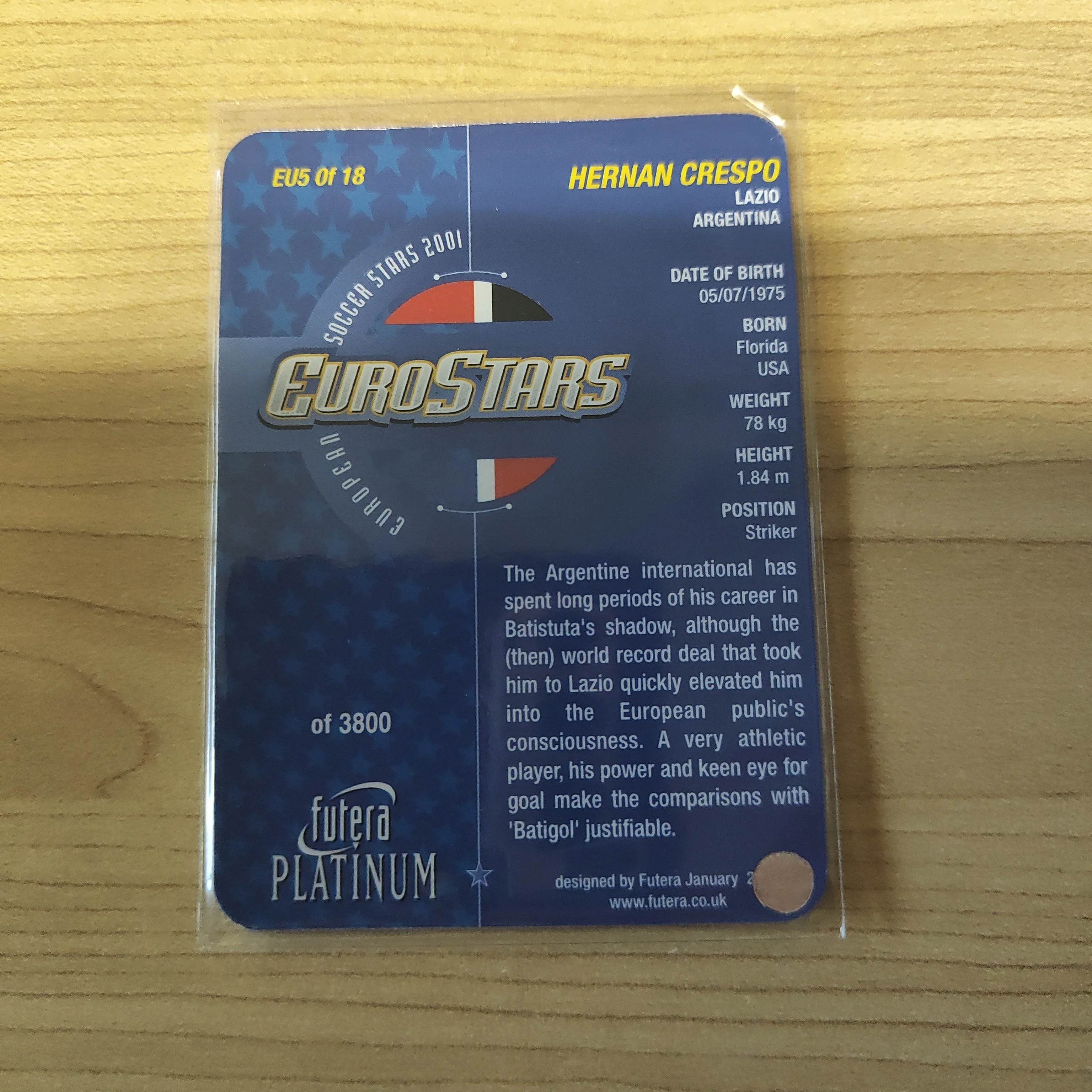2001 Futera Platinum Euro Stars Hernan Crespo Argentina Soccer Card - Image 2