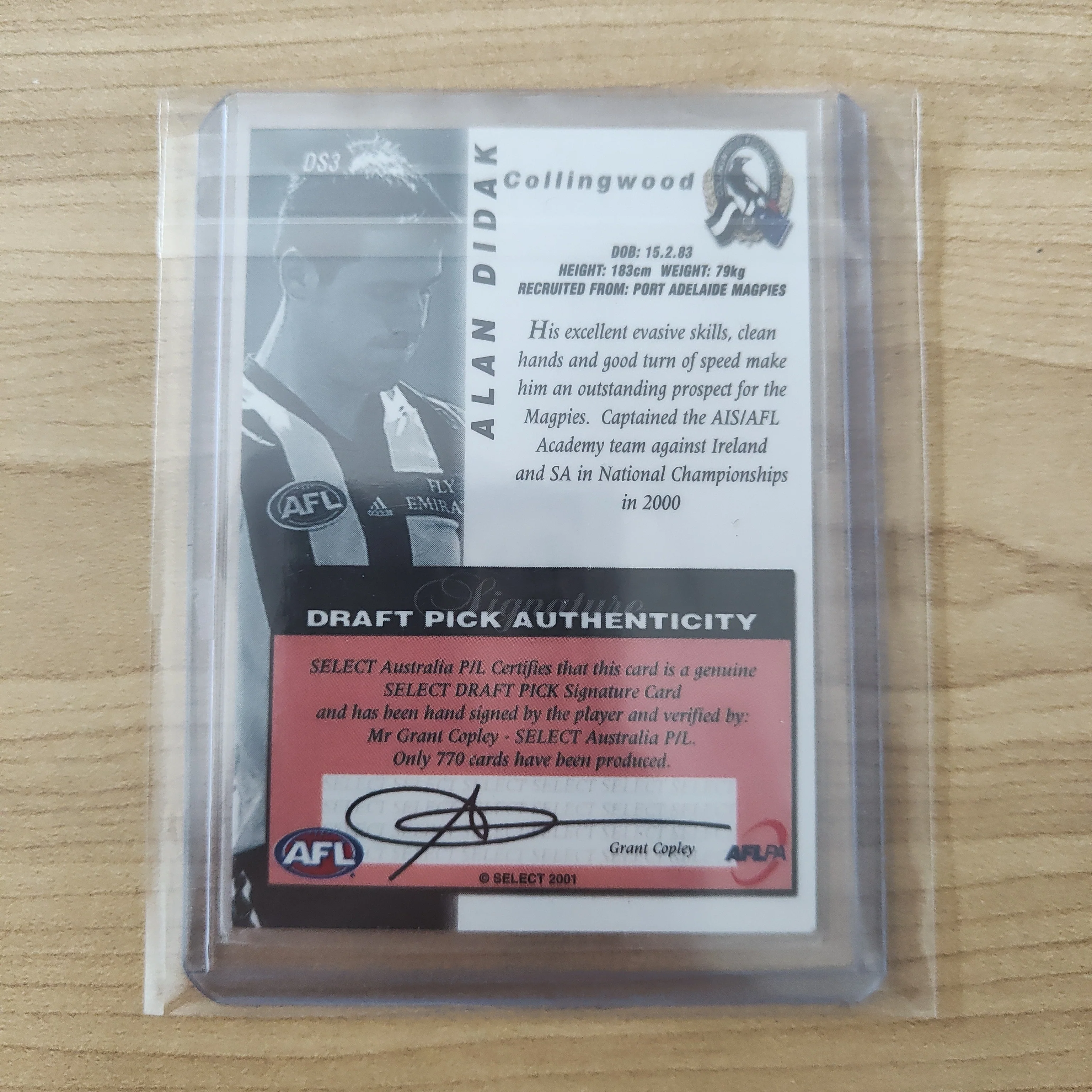 2001 Select Draft Pick Signature Alan Didak Collingwood - Image 2