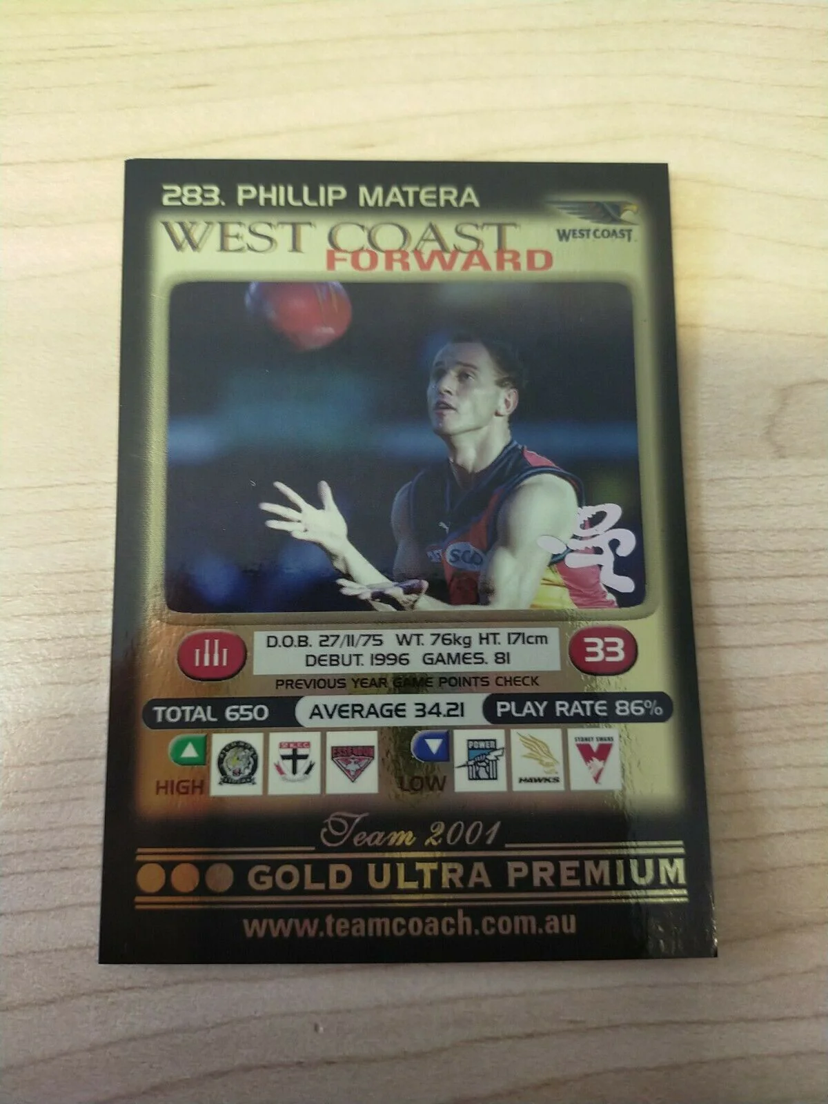 2001 Teamcoach Gold Prize Card West Coast 283 Phillip Matera