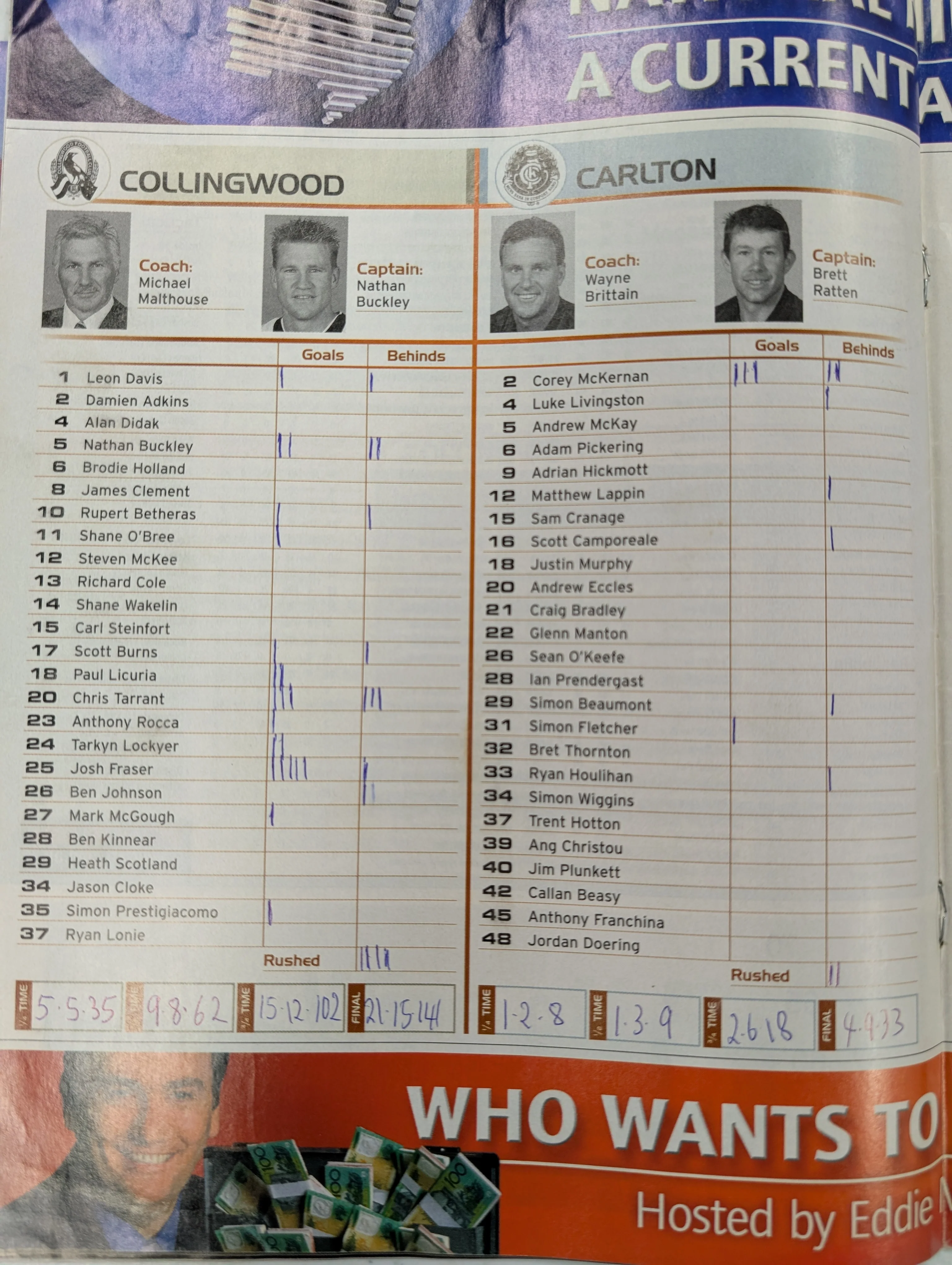 2002 AFL Record Round 18 Collingwood vs Carlton Nathan Buckley 200 Games - Image 2