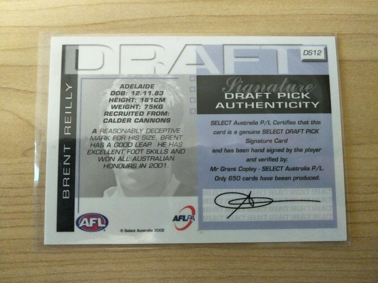 2002 AFL Select Exclusive Draft Pick Signature Brent Reilly Adelaide - Image 2