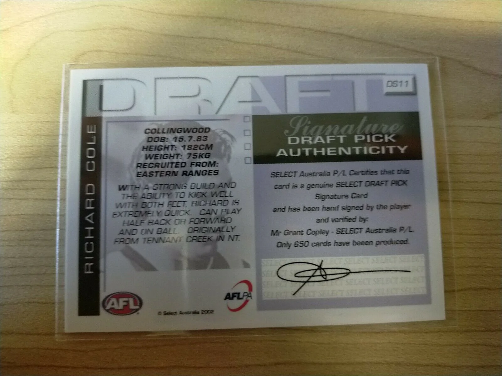 2002 Select Draft Pick Signature Card Richard Cole Collingwood - Image 2
