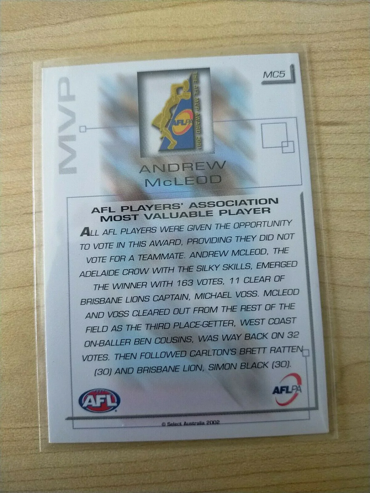 2002 Select SPX Exclusive Gold Medal Card Andrew McLeod Adelaide MC5 - Image 2