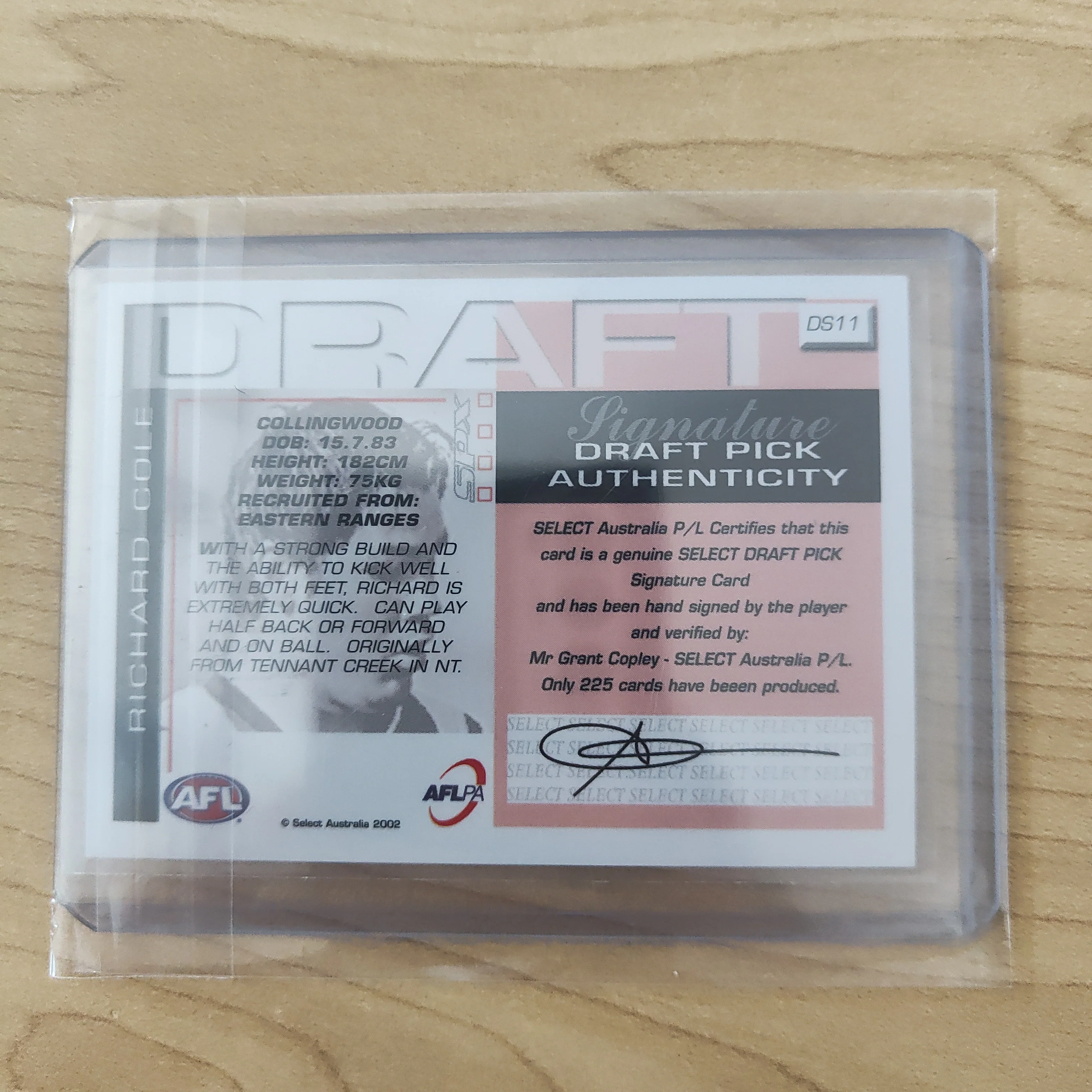 2002 Select SPX Gold Draft Pick Signature Richard Cole Collingwood - Image 2