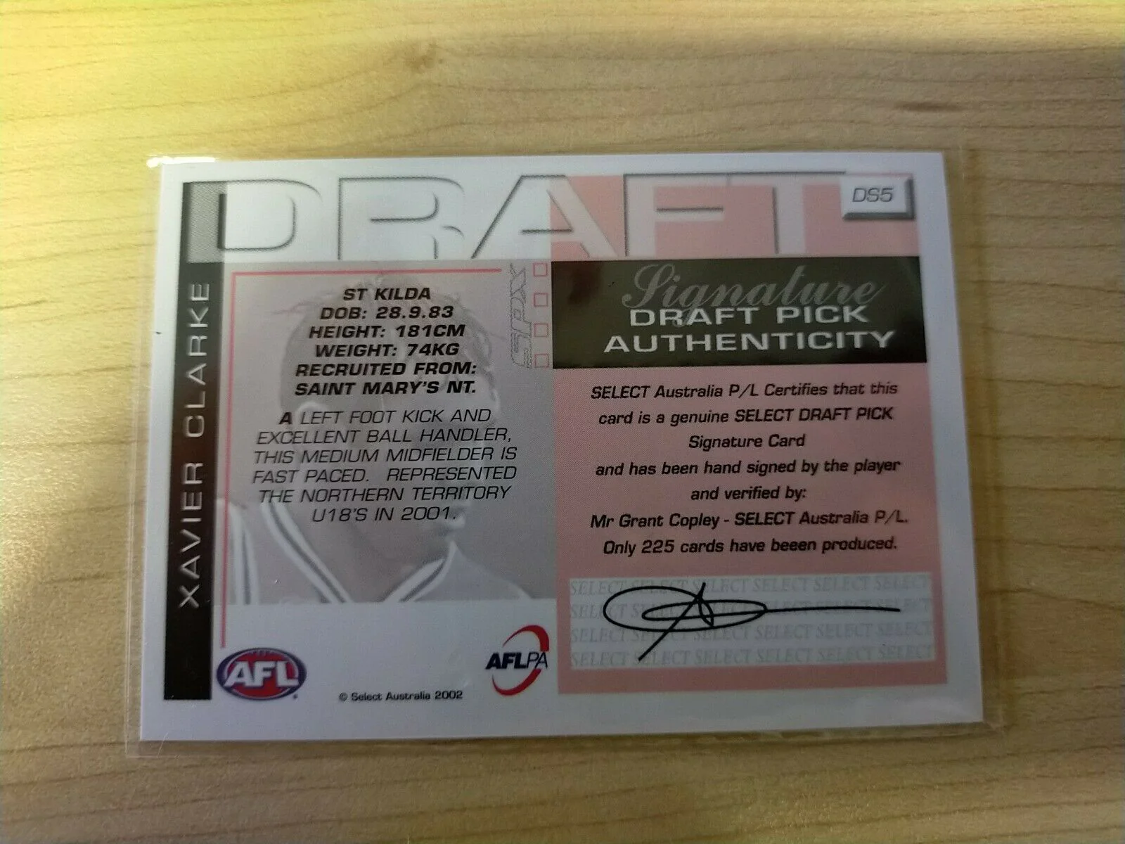 2002 Select SPX Gold Draft Signature Card Xavier Clarke St Kilda DS5 - Image 2
