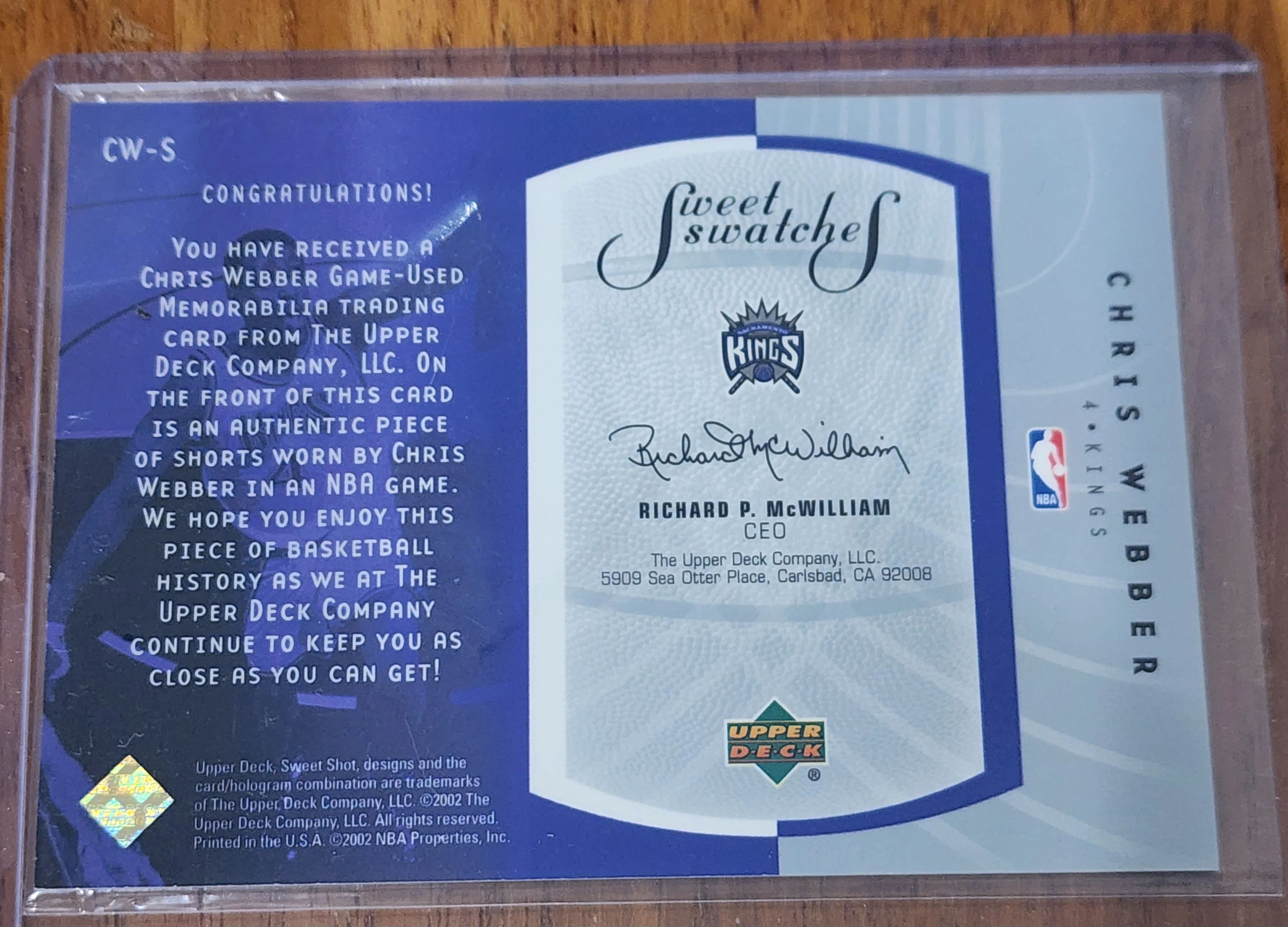 2002 Upper Deck Sweet Swatches Chris Webber NBA Basketball Card - Image 2