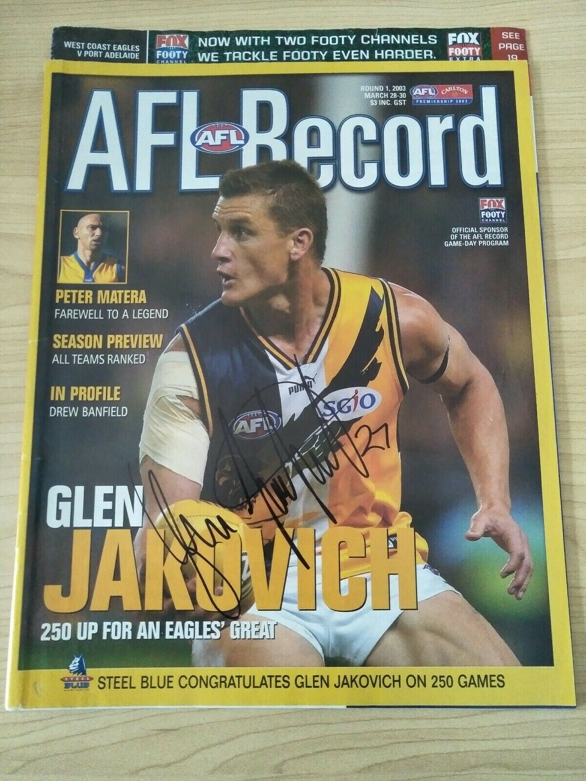 2003 AFL Football Record West Coast v Port Adelaide SIGNED BY GLEN JAKOVICH