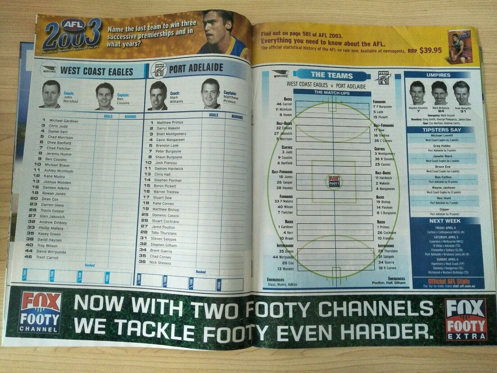 2003 AFL Football Record West Coast v Port Adelaide SIGNED BY GLEN JAKOVICH - Image 2