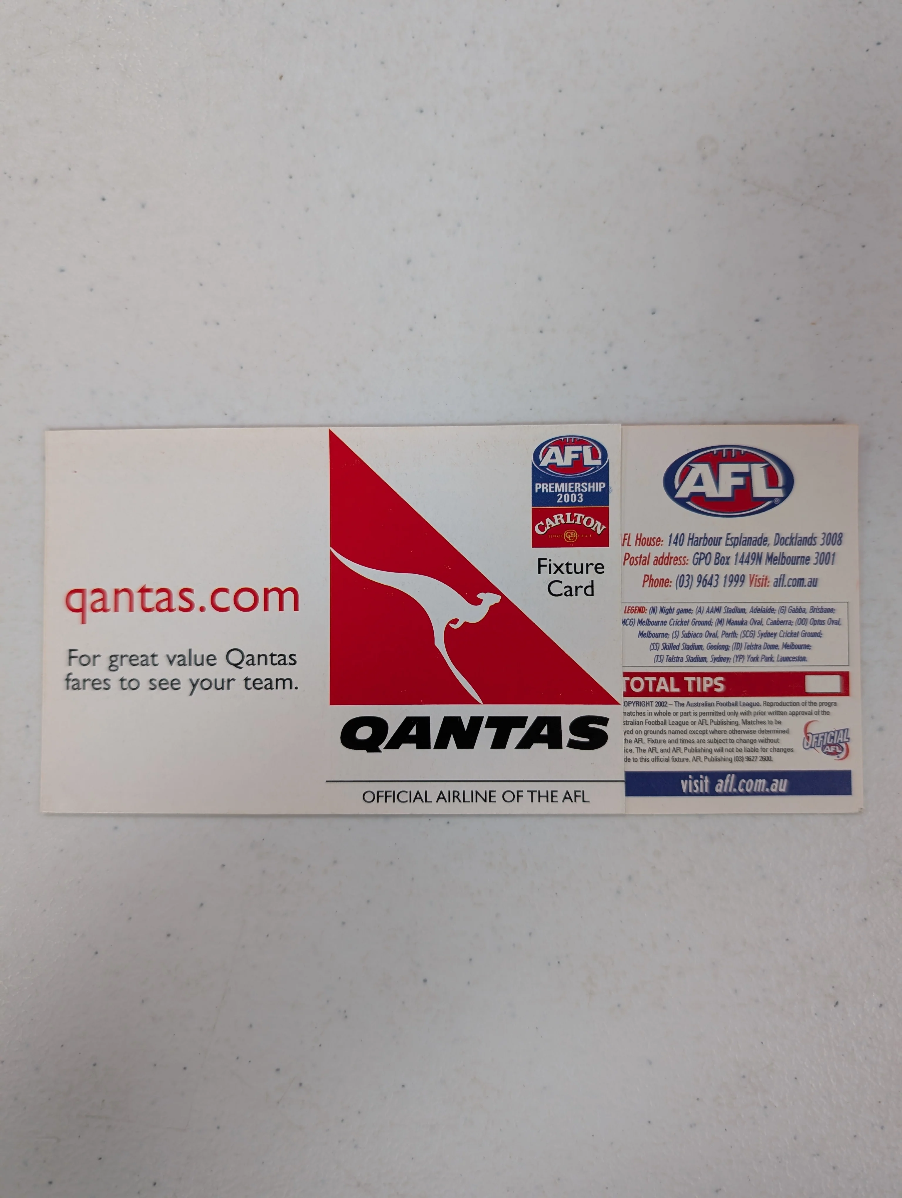 2003 AFL Record Wizard Home Loans Cup Qantas Fixture Ground Edition - Image 4