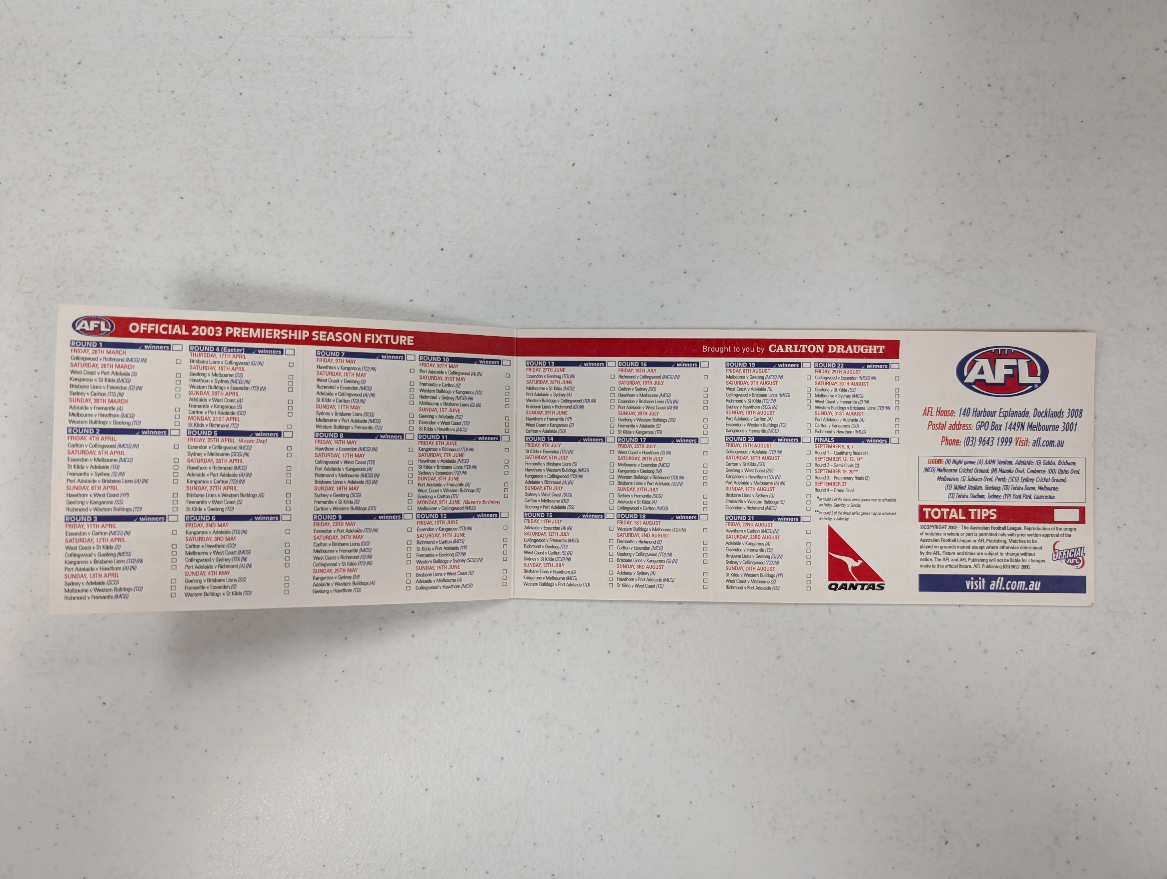 2003 AFL Record Wizard Home Loans Cup Qantas Fixture Ground Edition - Image 5