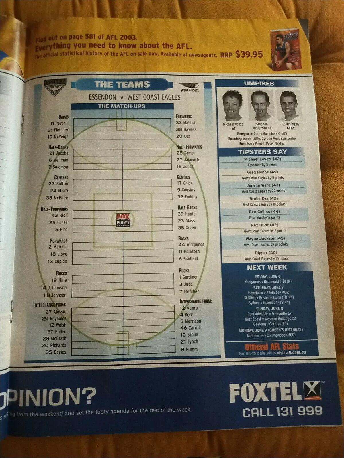 2003 Round 10 AFL Football Record Essendon v West Coast - Image 4
