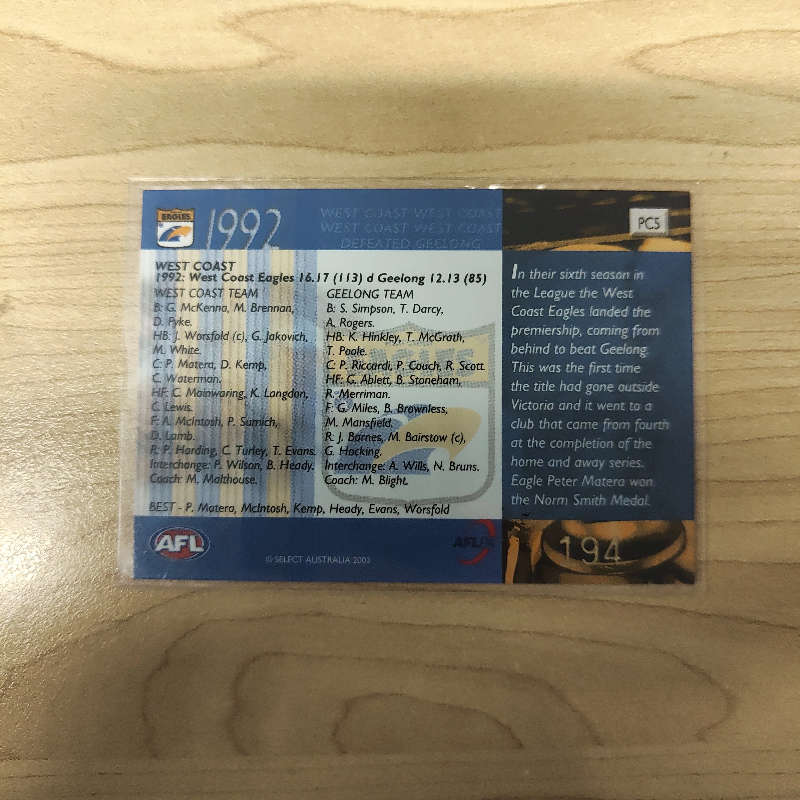 2003 Select XL Ultra 1992 Premiers West Coast No.194 - Image 2