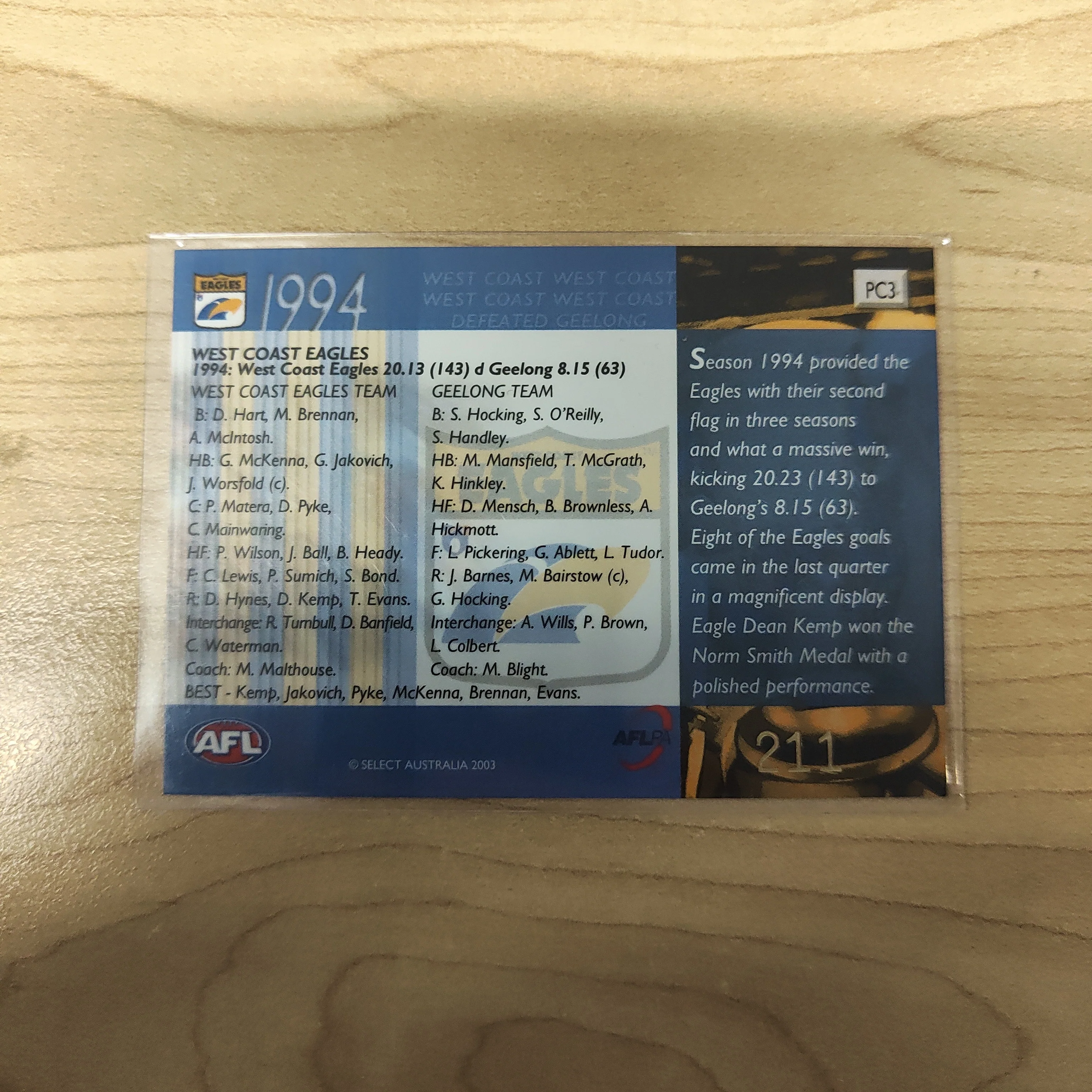 2003 Select XL Ultra 1994 Premiers West Coast No.211 - Image 2