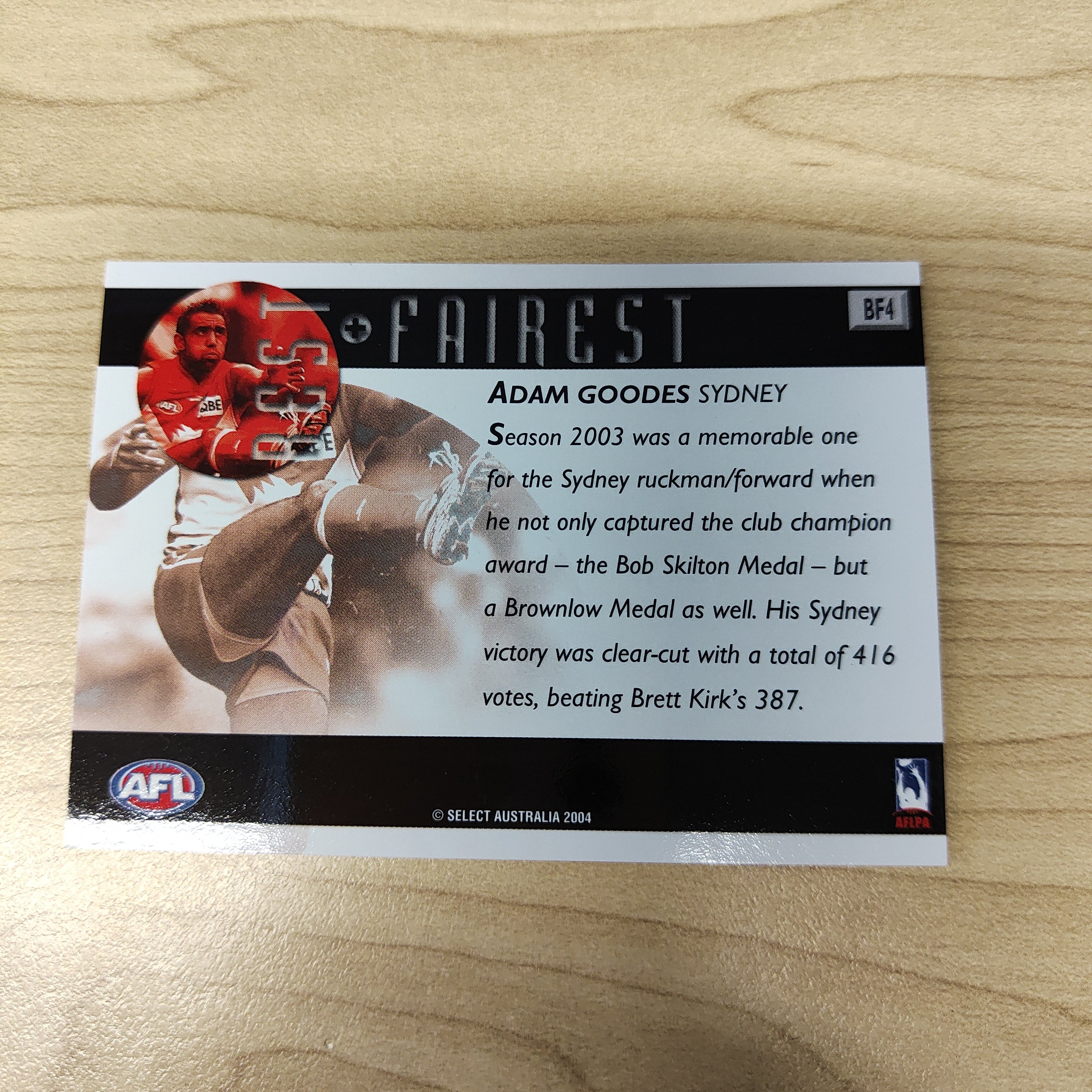 2004 Select AFL Ovation Best & Fairest Card Adam Goodes Sydney - Image 2