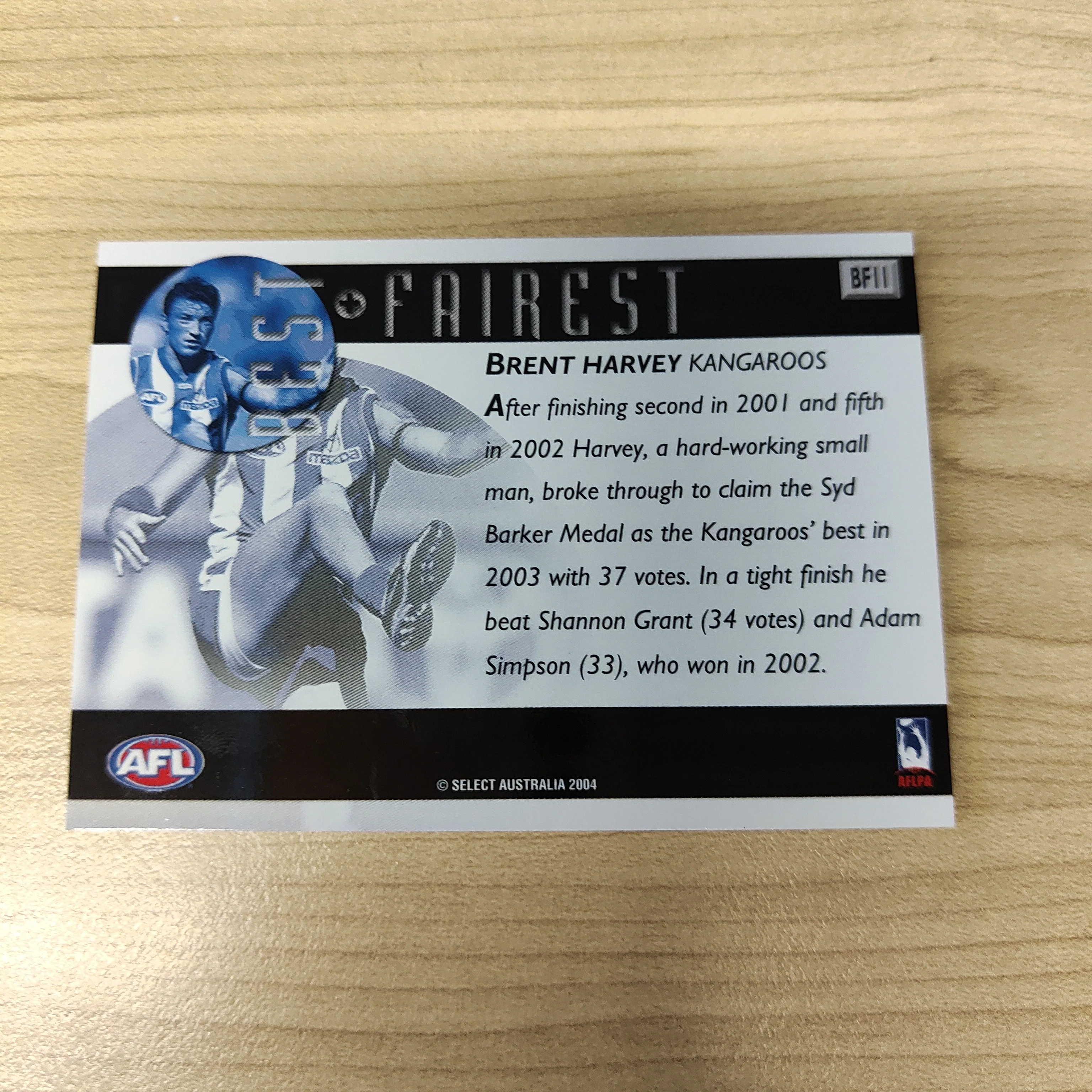 2004 Select AFL Ovation Best & Fairest Card Brent Harvey Kangaroos - Image 2